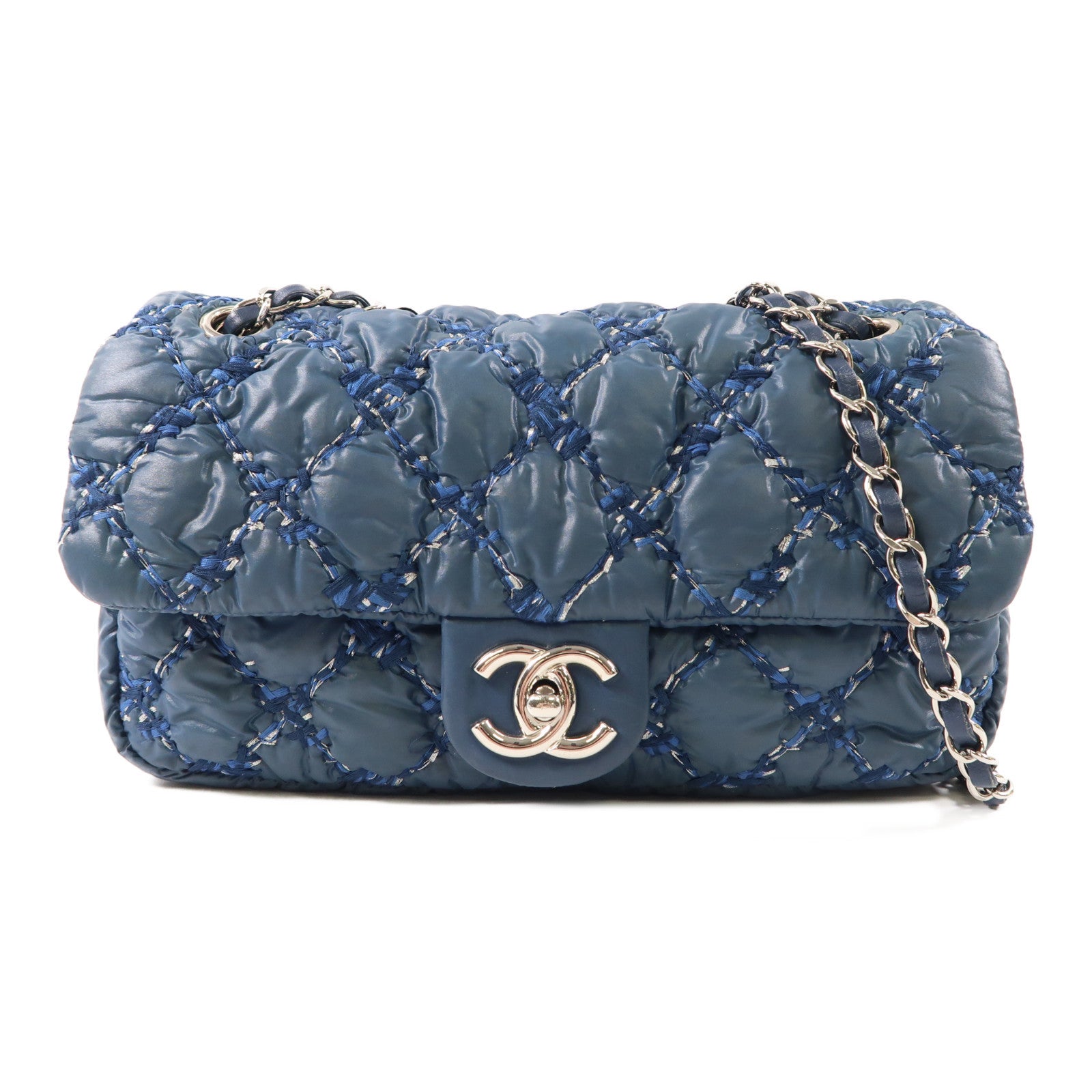 CHANEL 尼龍Chain Shoulder銀扣鏈帶肩背袋藍色