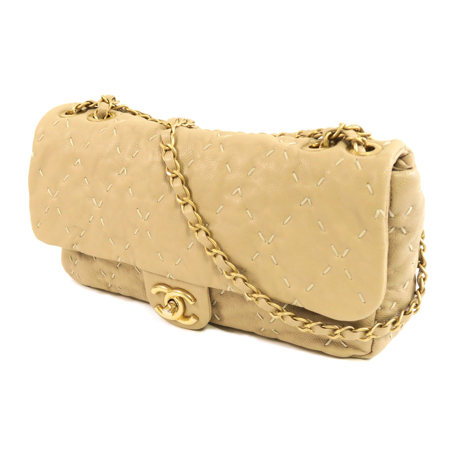 CHANEL 【激減優惠】Caviar皮革Chain Shoulder金扣鏈帶肩背袋米色