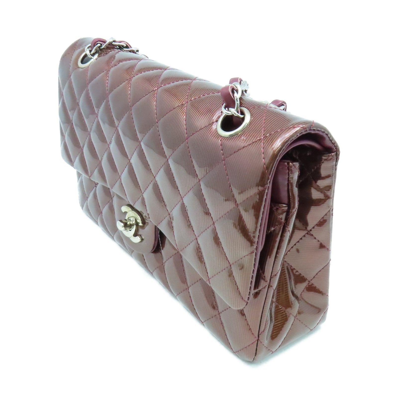 CHANEL **【清倉大減價】菱格漆皮皮革Classic Chain Shoulder Bag銀扣鏈帶肩背袋啡色