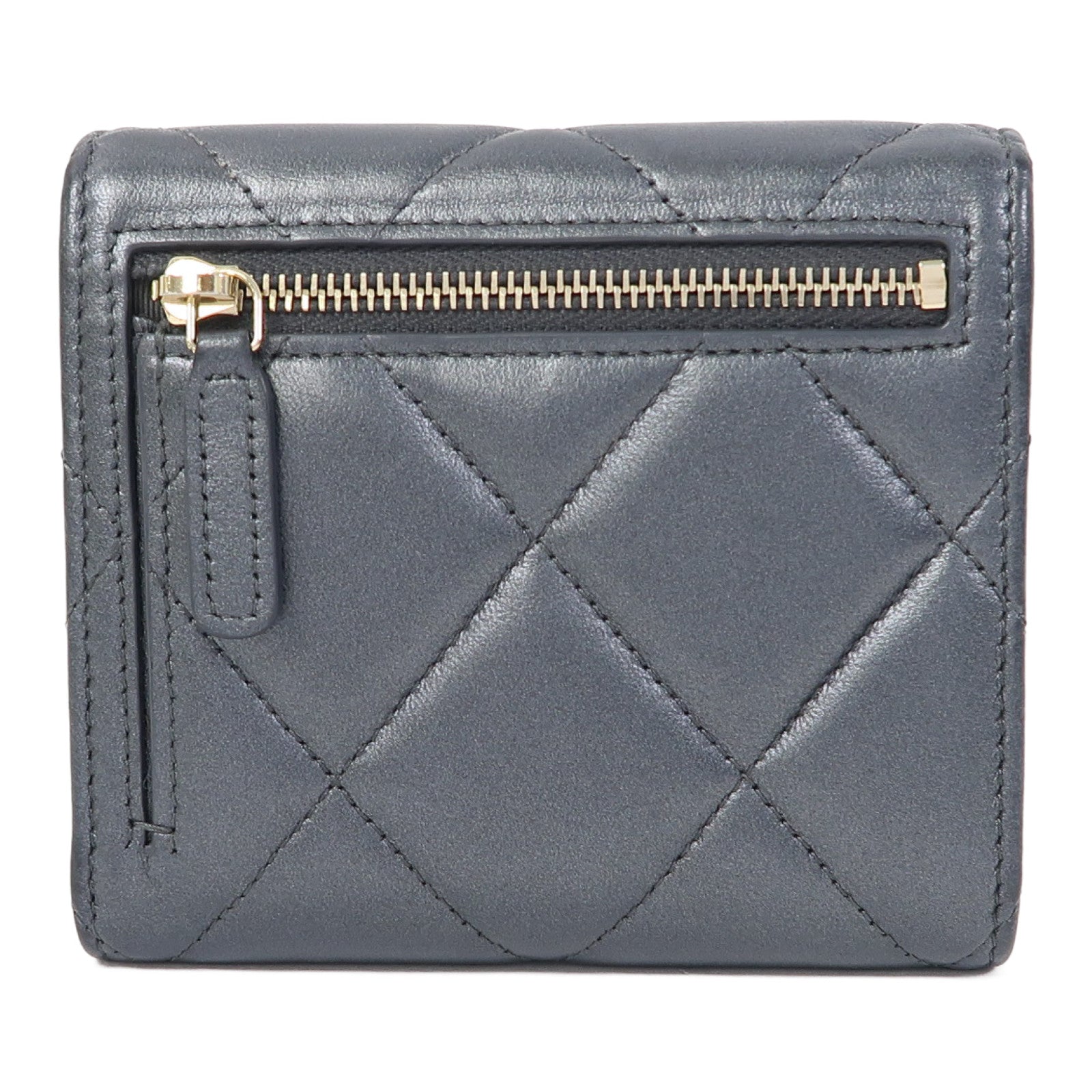 CHANEL 菱格牛皮皮革Short Wallet金扣錢包灰色