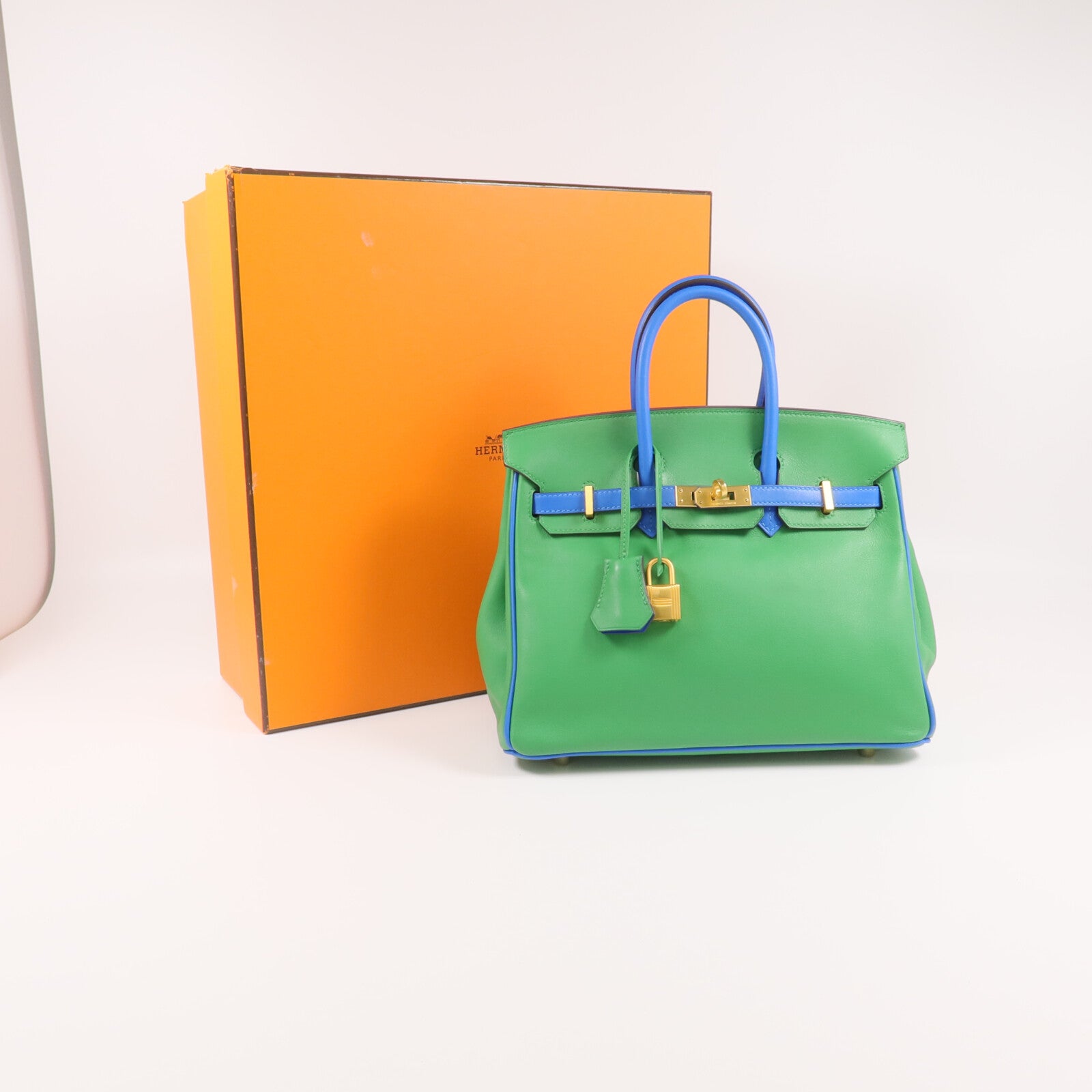 HERMES Swift皮革Birkin 25金扣手挽袋Bambou/Bleu Hydra