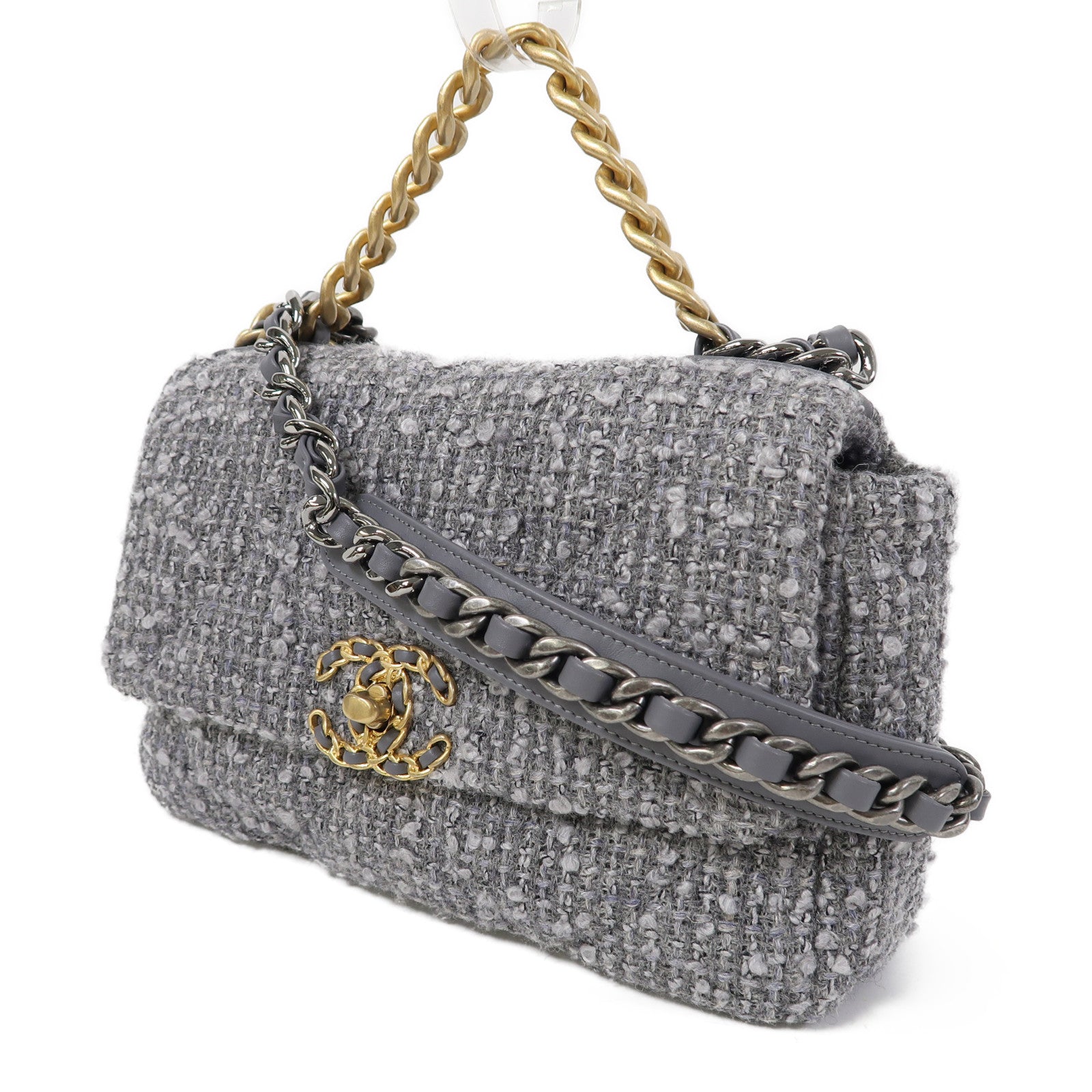 CHANEL Tweed Chanel 19金扣鏈帶手挽肩背兩用袋灰色
