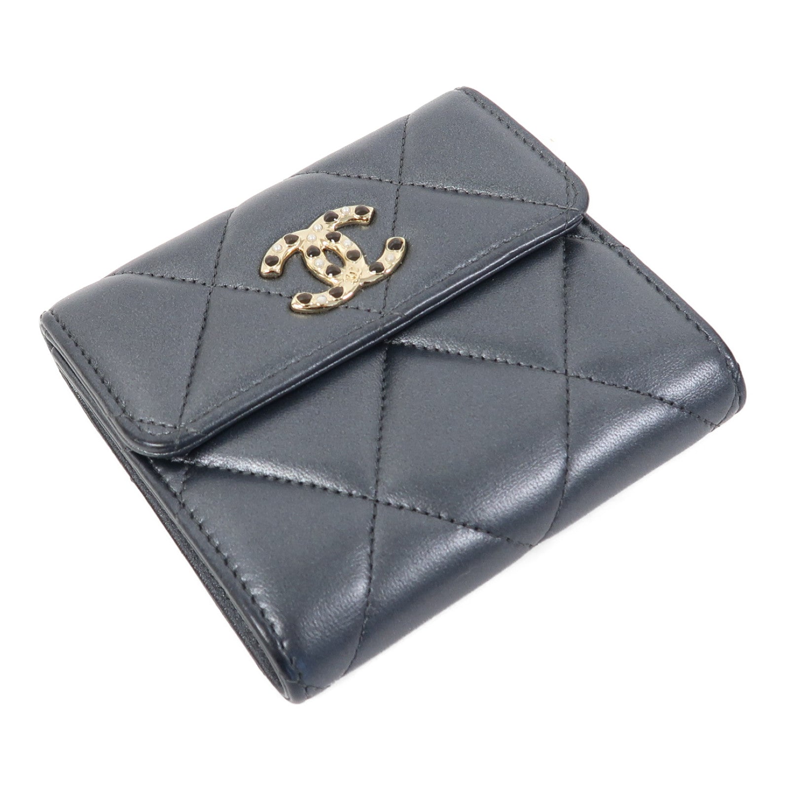 CHANEL 菱格牛皮皮革Short Wallet金扣錢包灰色