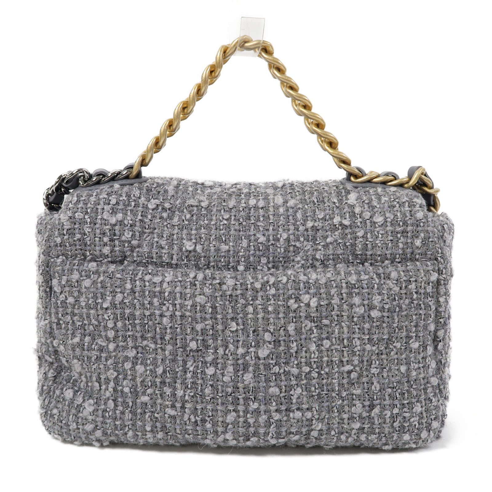 CHANEL Tweed Chanel 19金扣鏈帶手挽肩背兩用袋灰色