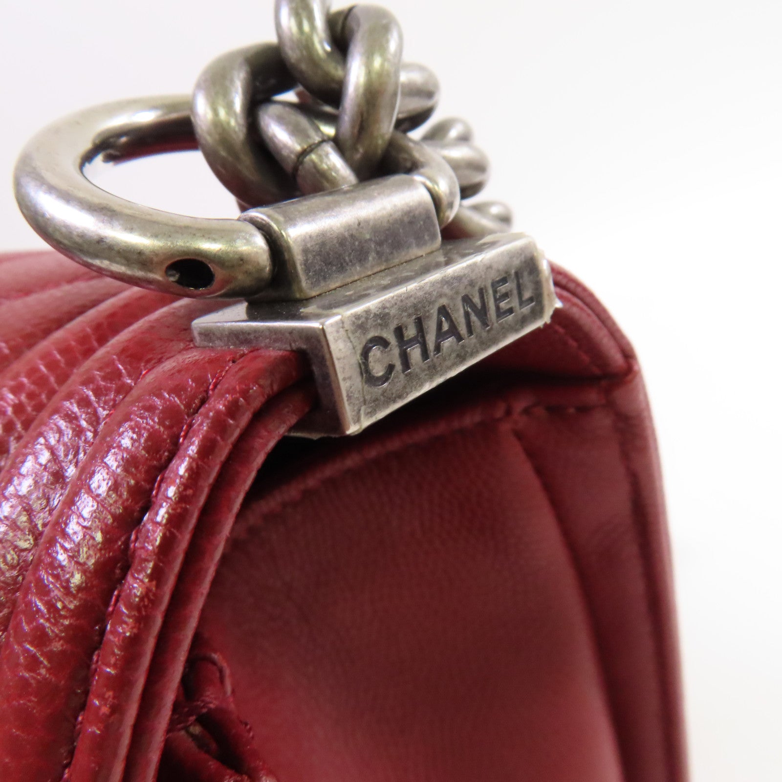 CHANEL 【激減優惠】菱格Caviar皮革Boy Chanel 25 Chain Shoulder Bag銀扣鏈帶肩背袋紅色