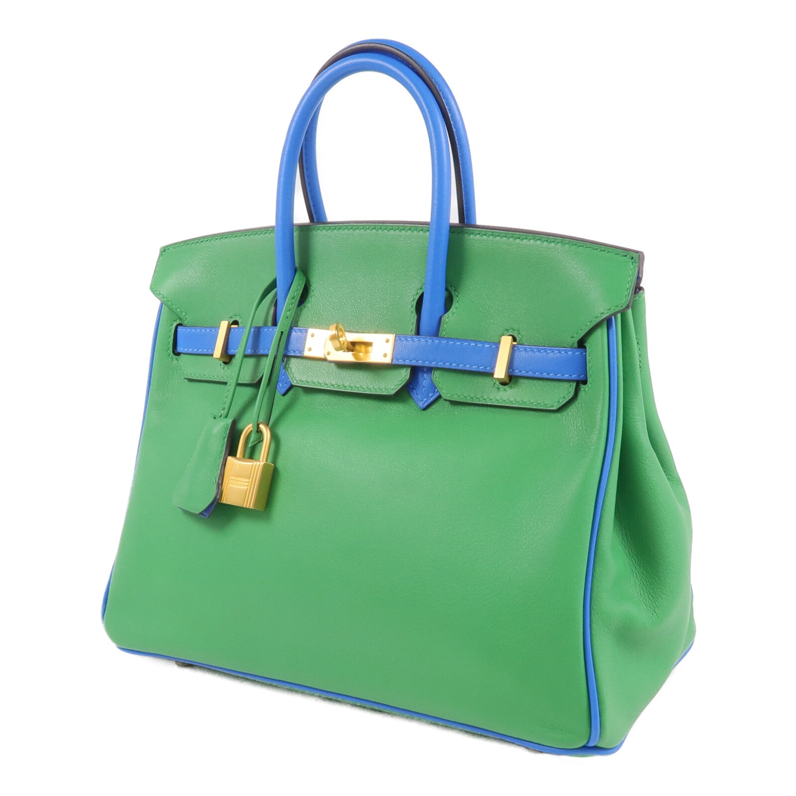 HERMES Swift皮革Birkin 25金扣手挽袋Bambou/Bleu Hydra
