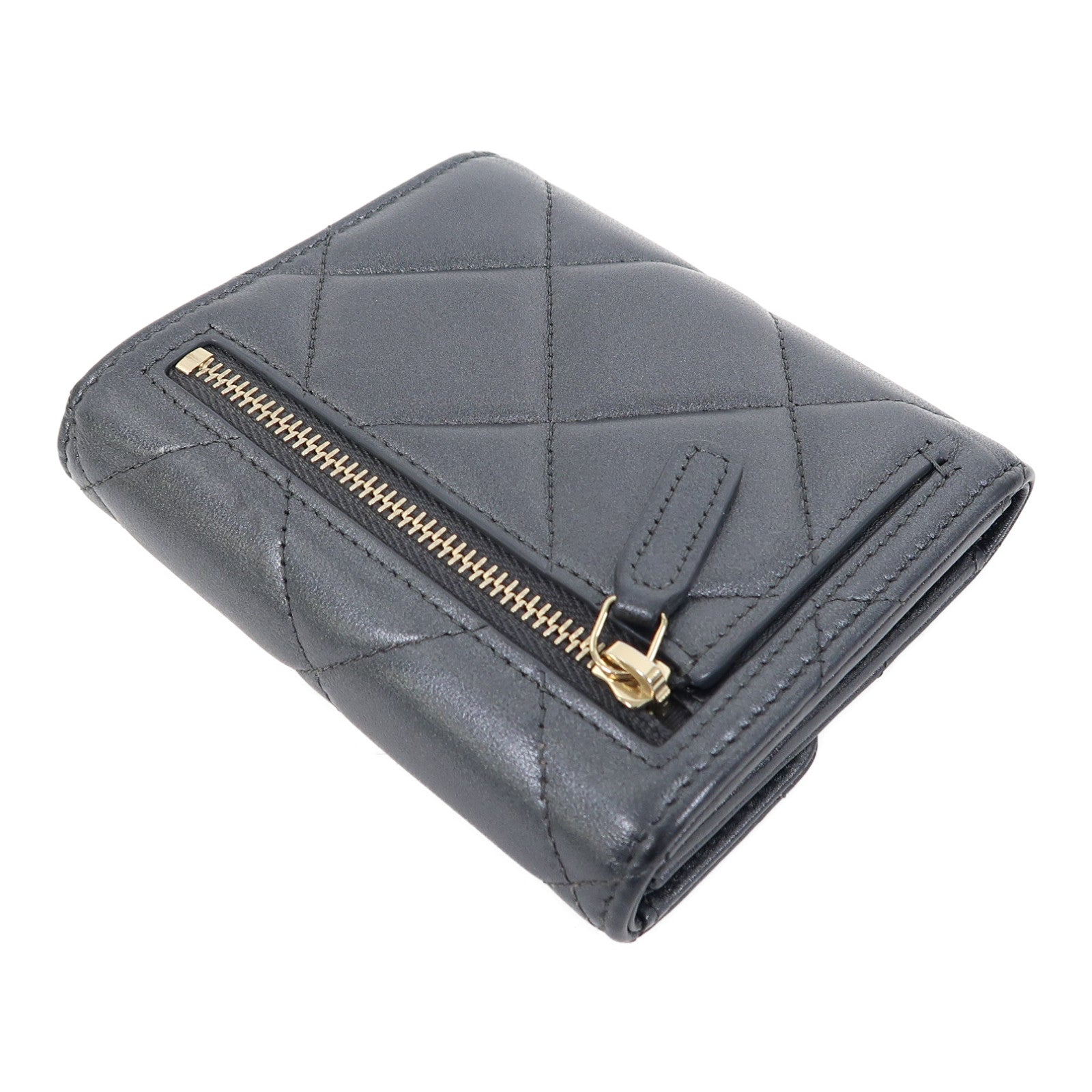 CHANEL 菱格牛皮皮革Short Wallet金扣錢包灰色