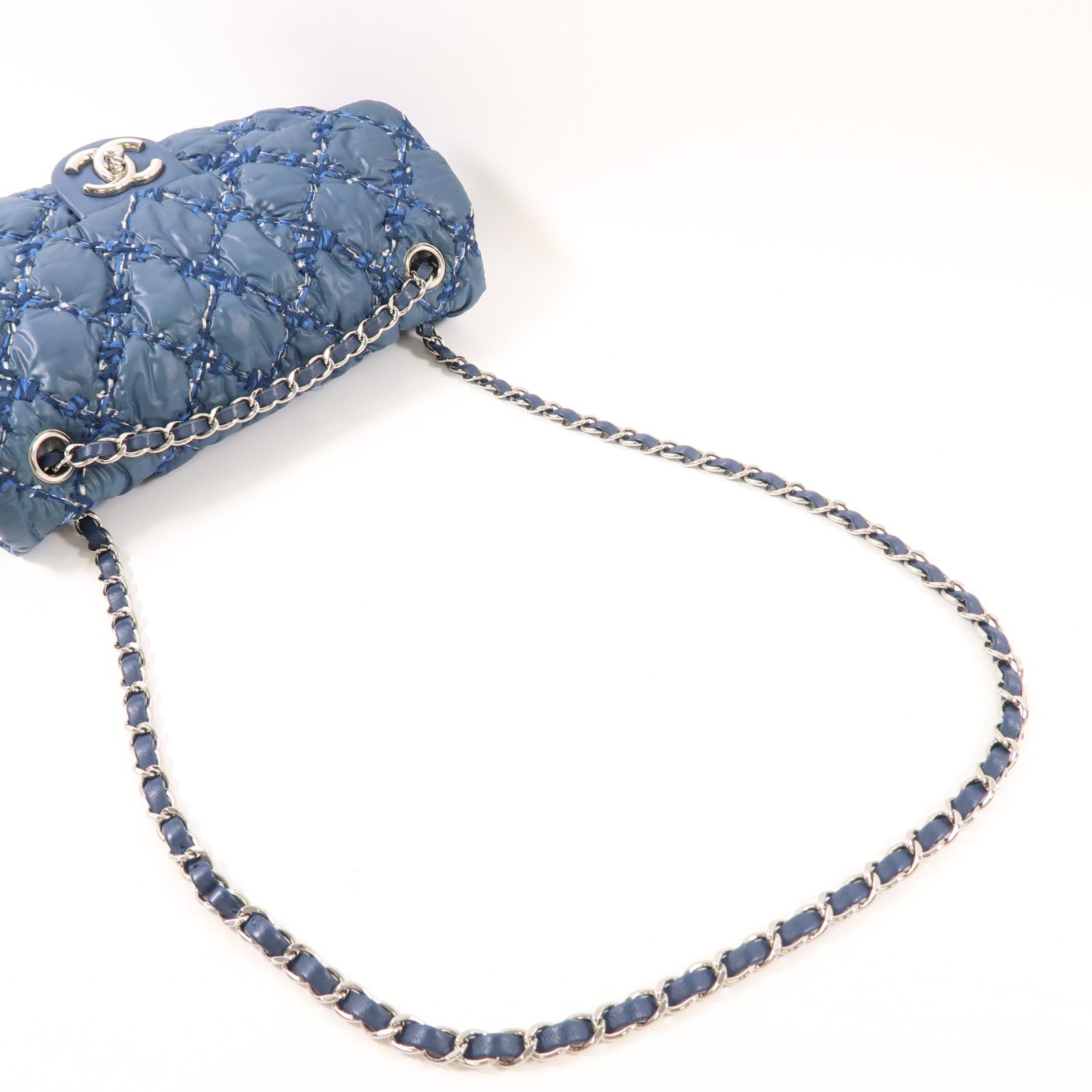CHANEL 尼龍Chain Shoulder銀扣鏈帶肩背袋藍色