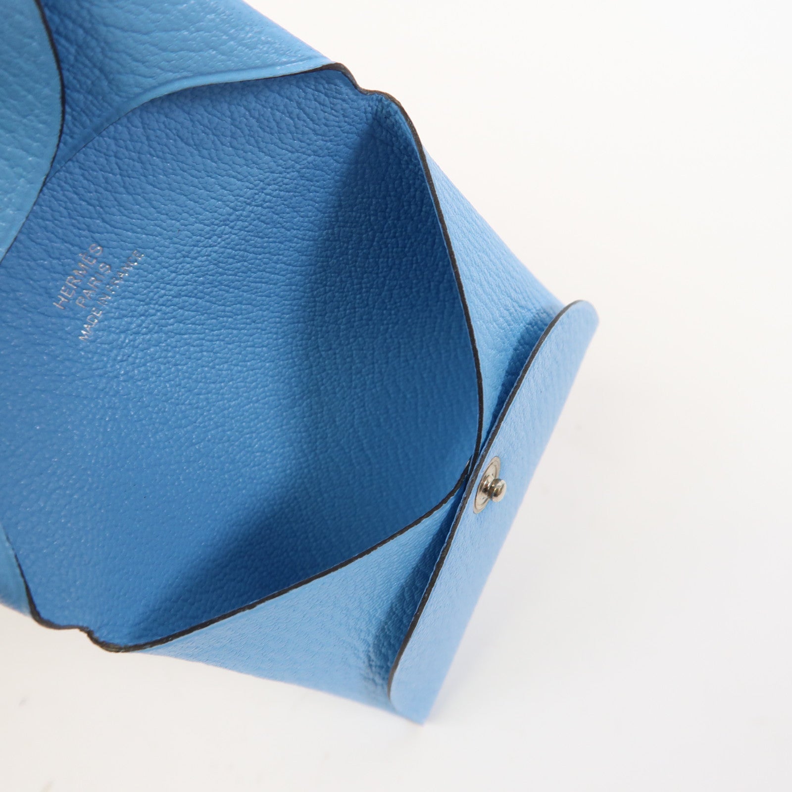 HERMES Chevre皮革Bastia銀扣零錢包Bleu Du Nord/藍色