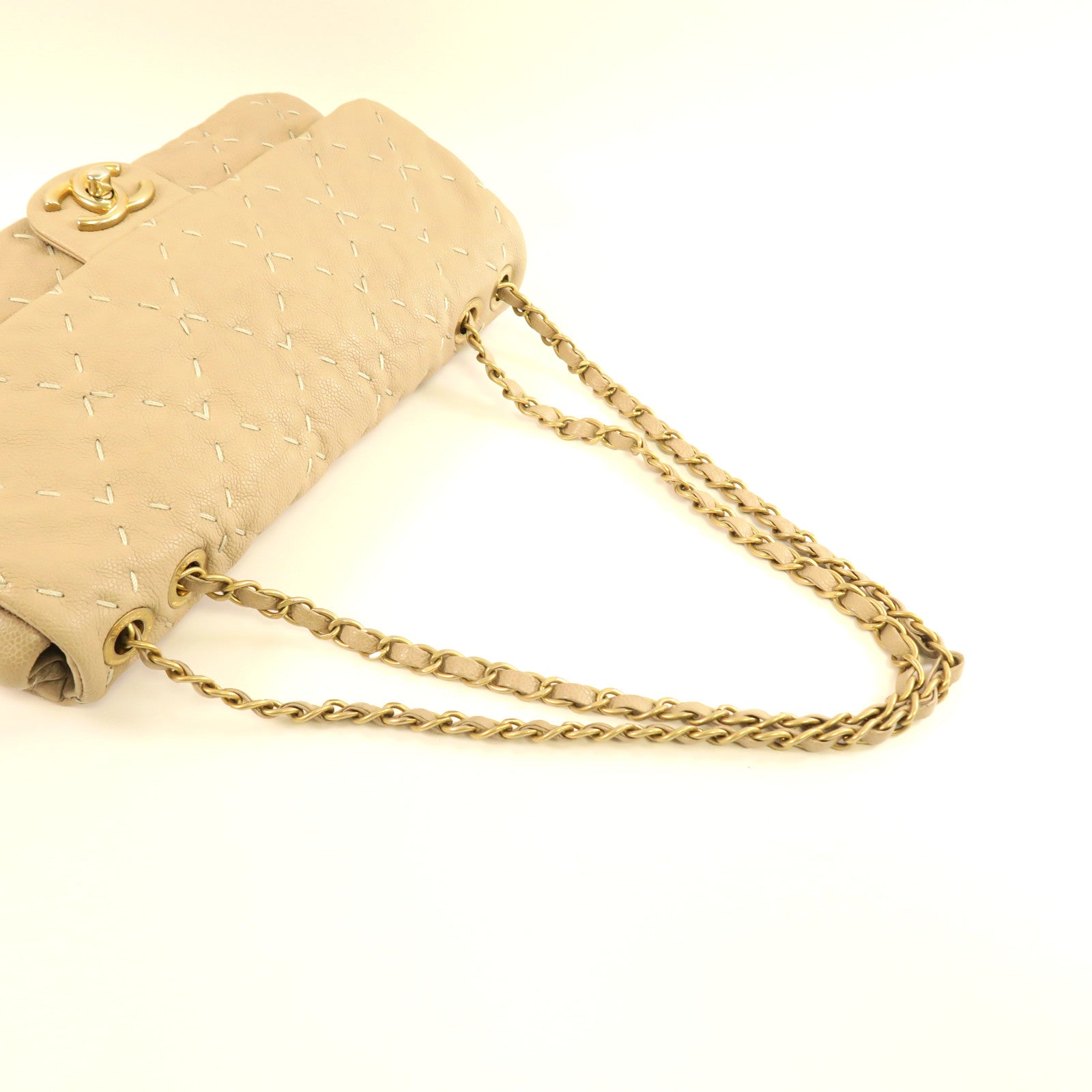 CHANEL 【激減優惠】Caviar皮革Chain Shoulder金扣鏈帶肩背袋米色
