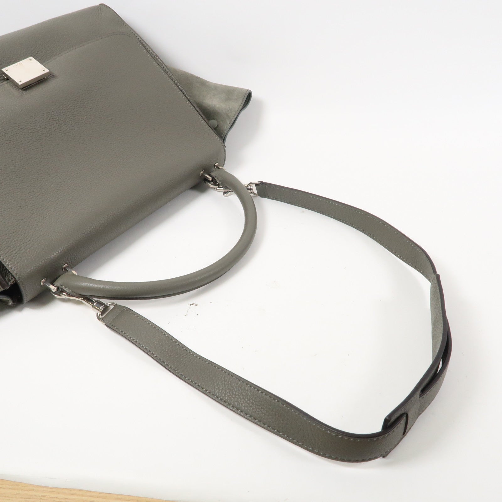 CELINE 牛皮皮革Trapeze銀扣手挽肩背兩用袋灰色