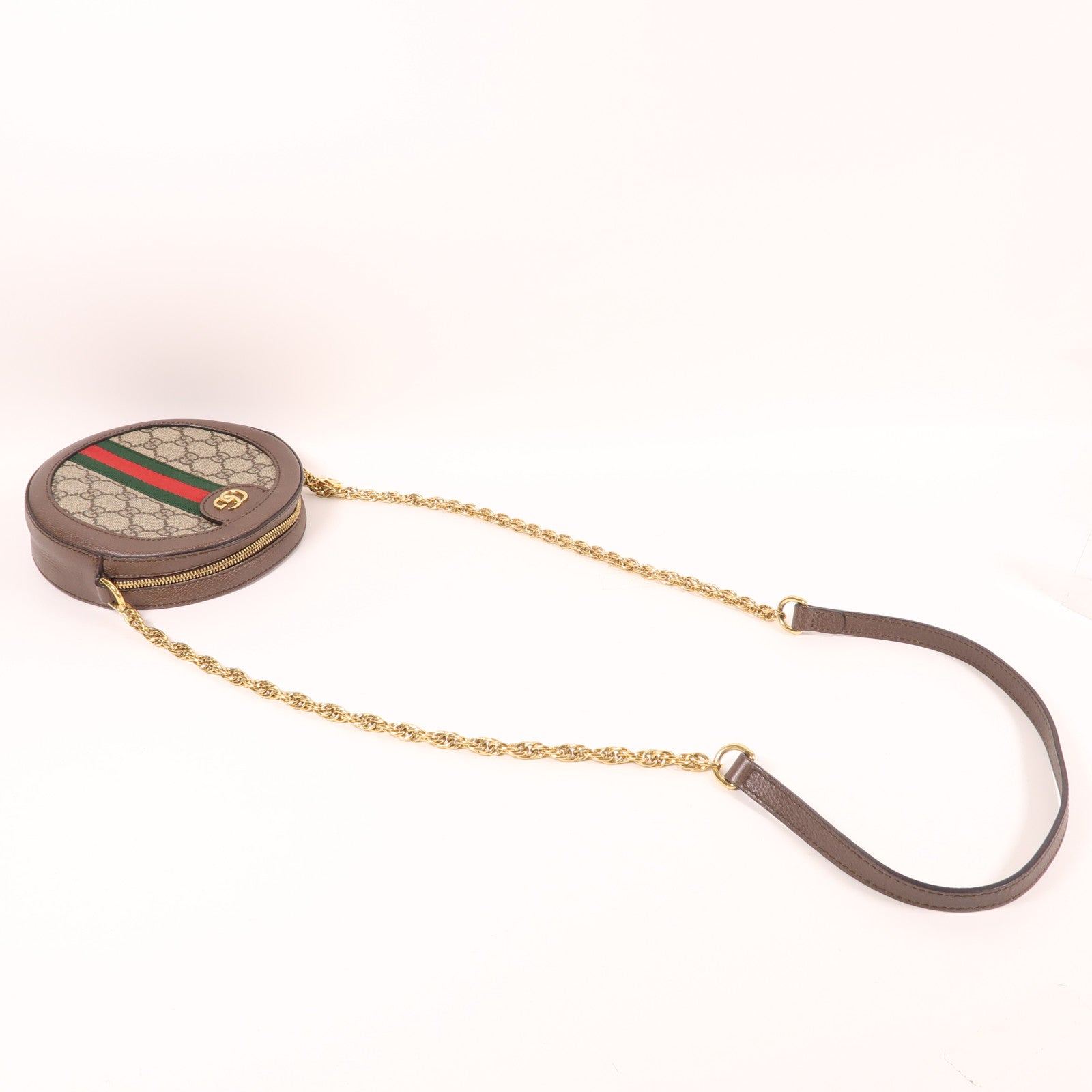 GUCCI 塗層帆布Ophidia GG Shoulder Bag金扣鏈帶肩背袋棕色