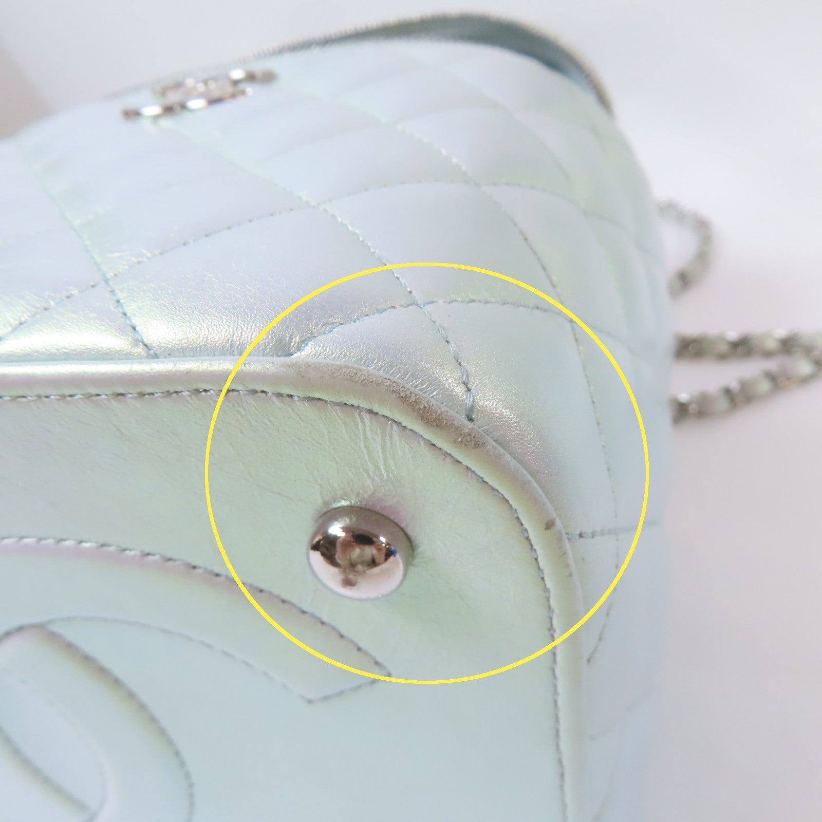 CHANEL 【激減優惠】菱格牛皮皮革Vanity Case銀扣鏈帶肩背袋淺綠色