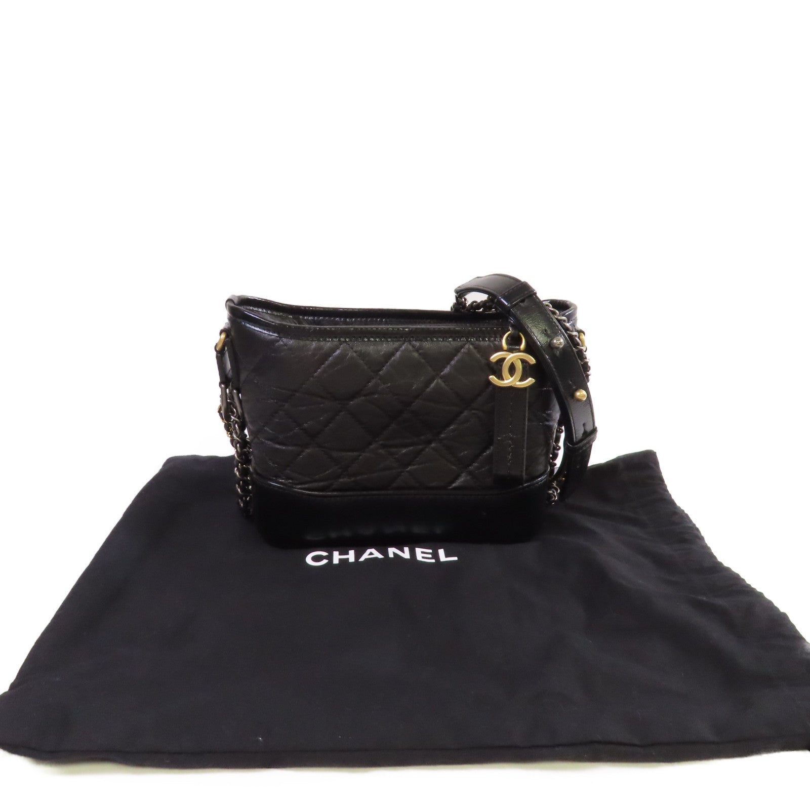 CHANEL 菱格牛皮皮革Gabrielle Small Chain Shoulder Bag金扣鏈帶肩背袋黑色