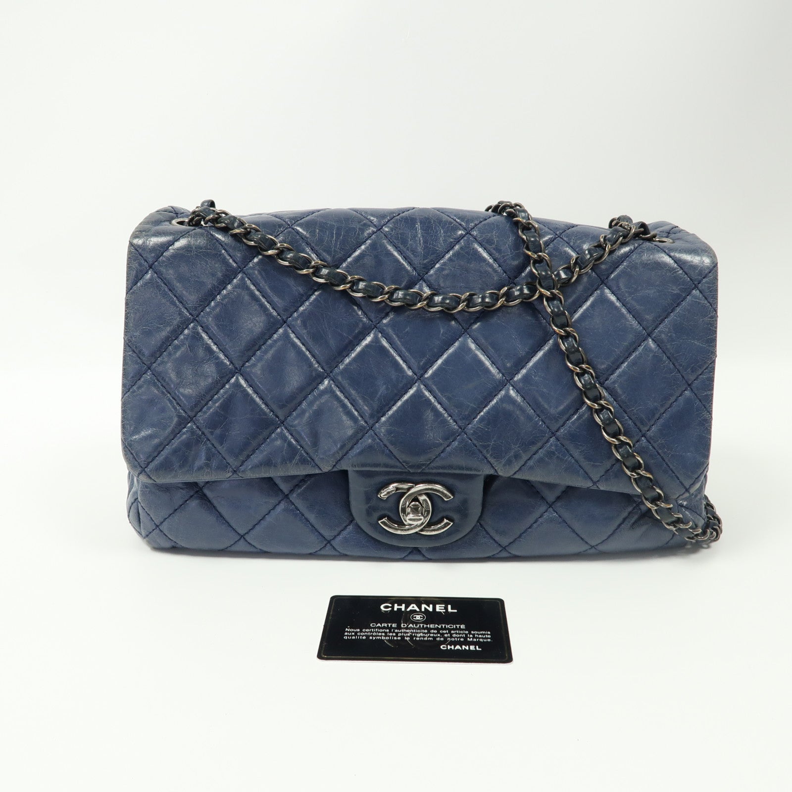 CHANEL 菱格牛皮皮革Chain Shoulder銀扣鏈帶肩背袋藍色