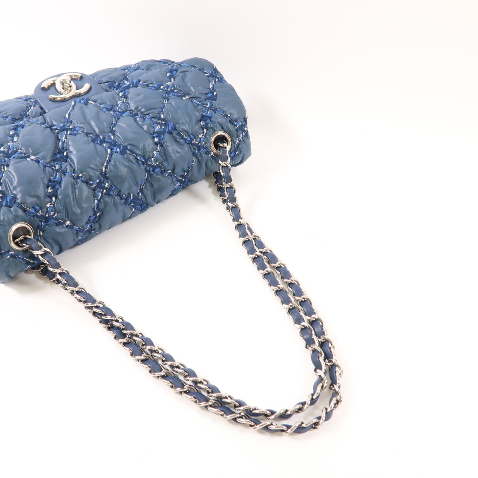 CHANEL 尼龍Chain Shoulder銀扣鏈帶肩背袋藍色