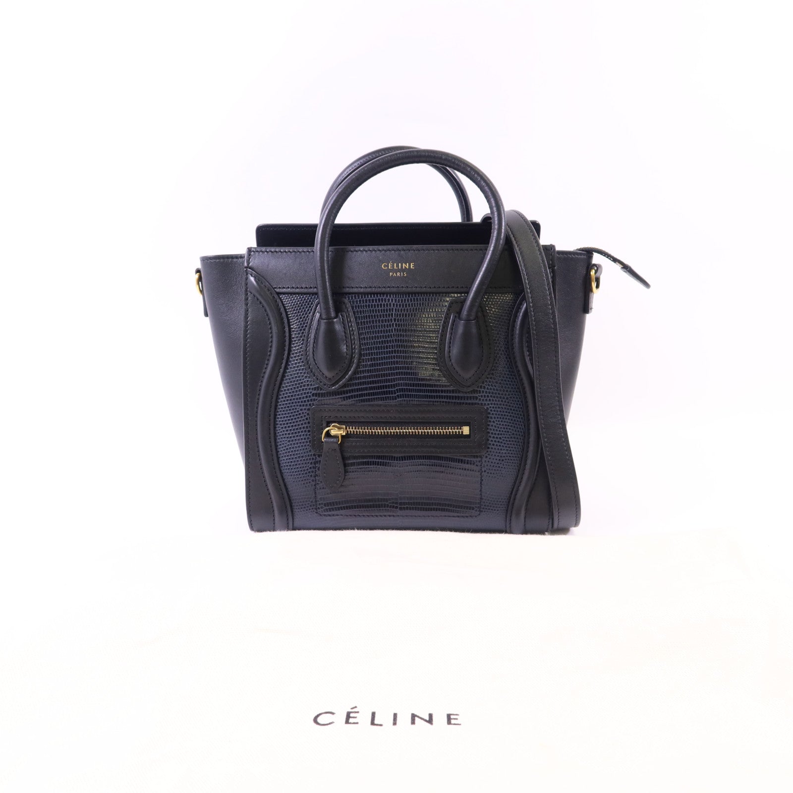 CELINE 蜥蝪皮革/牛皮皮革Nano Luggage金扣手挽肩背兩用袋