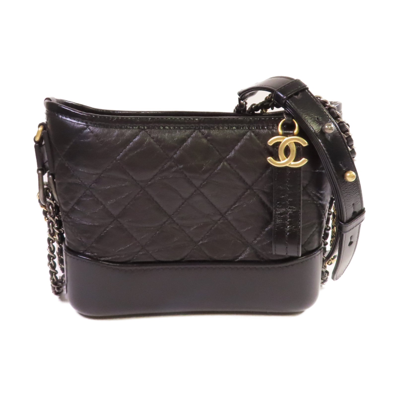 CHANEL 菱格牛皮皮革Gabrielle Small Chain Shoulder Bag金扣鏈帶肩背袋黑色