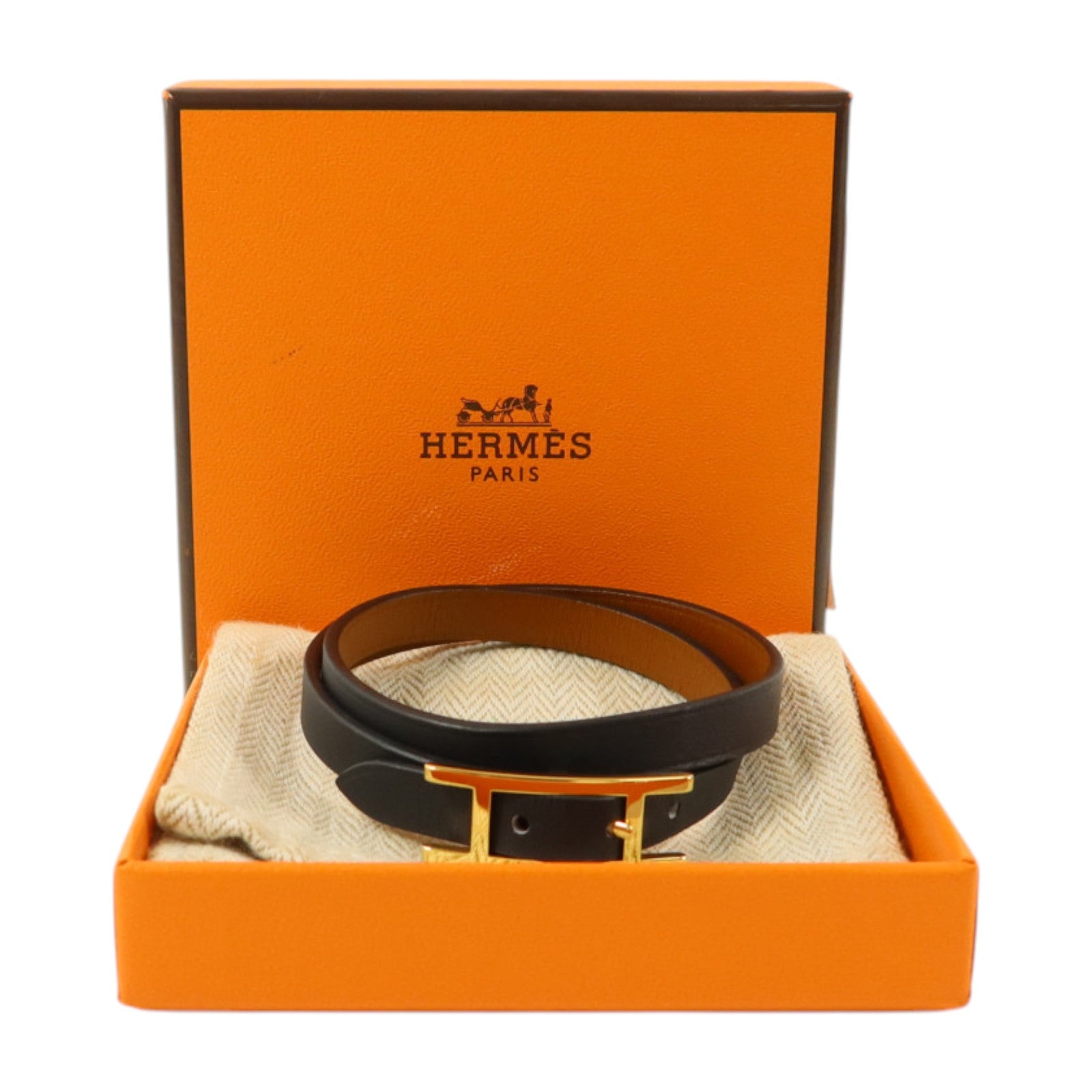 HERMES Swift皮革Behapi Double Tour金扣手鏈Noir/Fauve