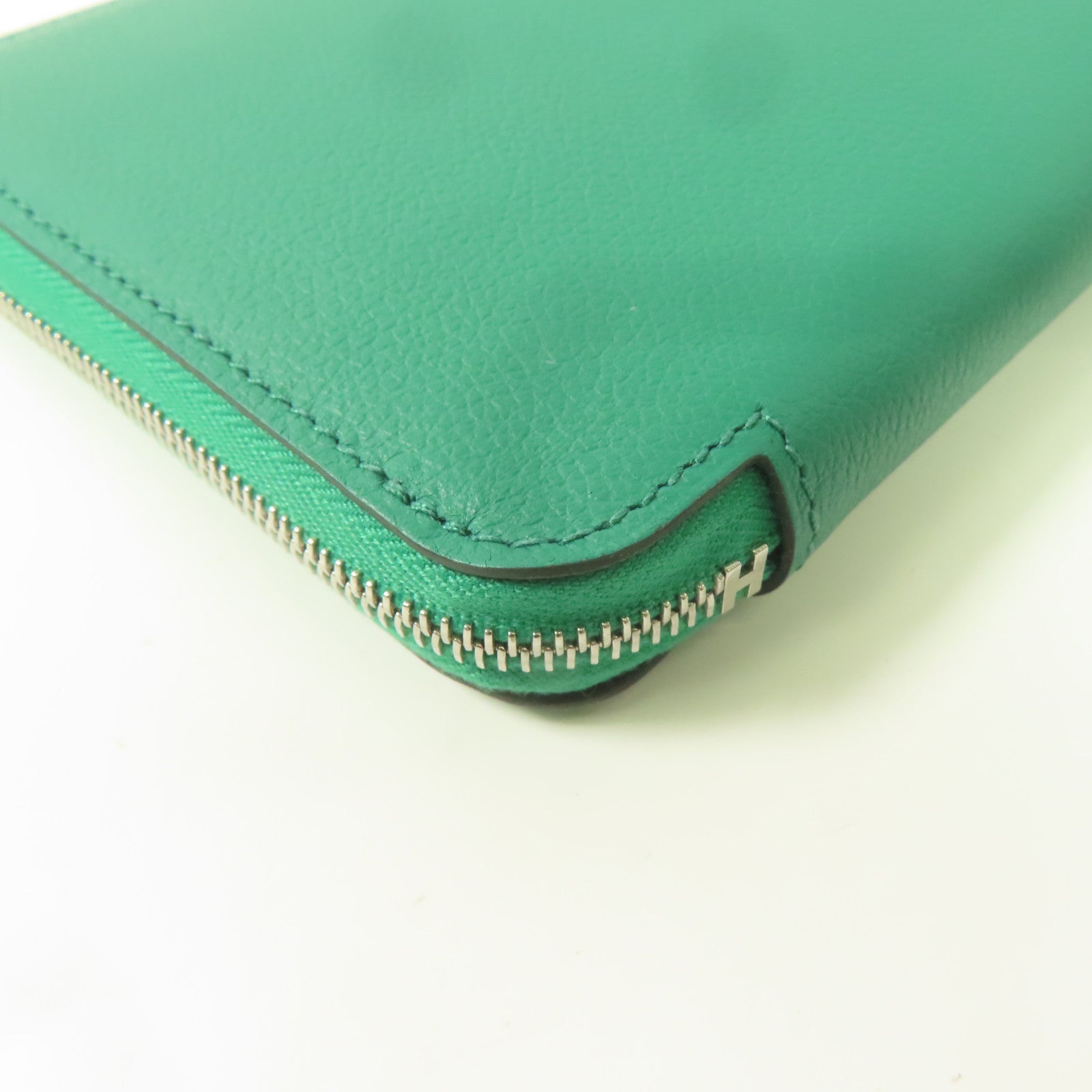 HERMES Evercolor皮革Silk-in Wallet銀扣長錢包絲絨綠色