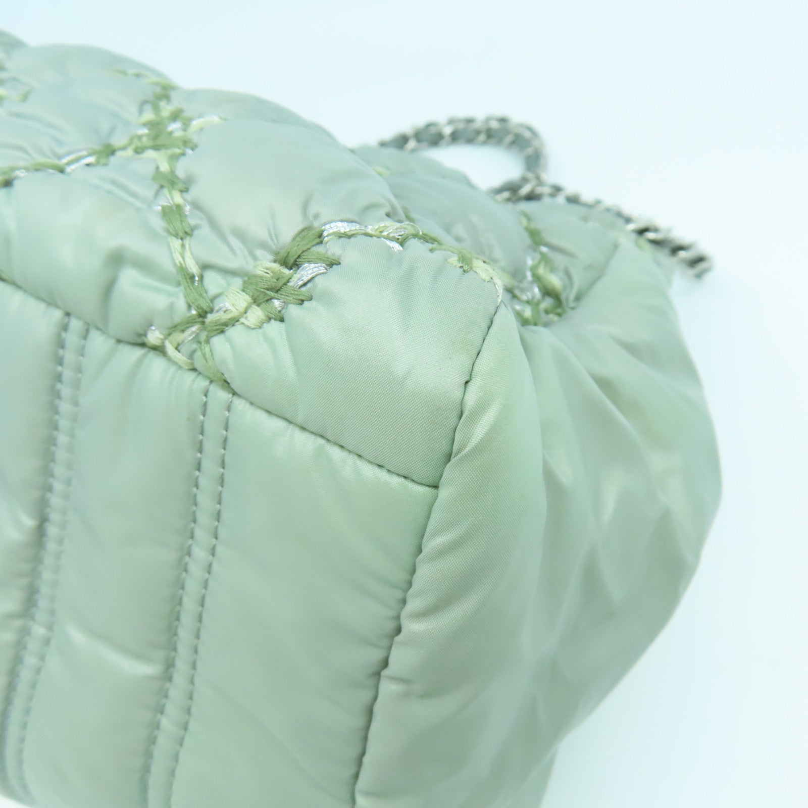CHANEL 菱格尼龍Chain Shoulder Bag銀扣鏈帶肩背袋綠色