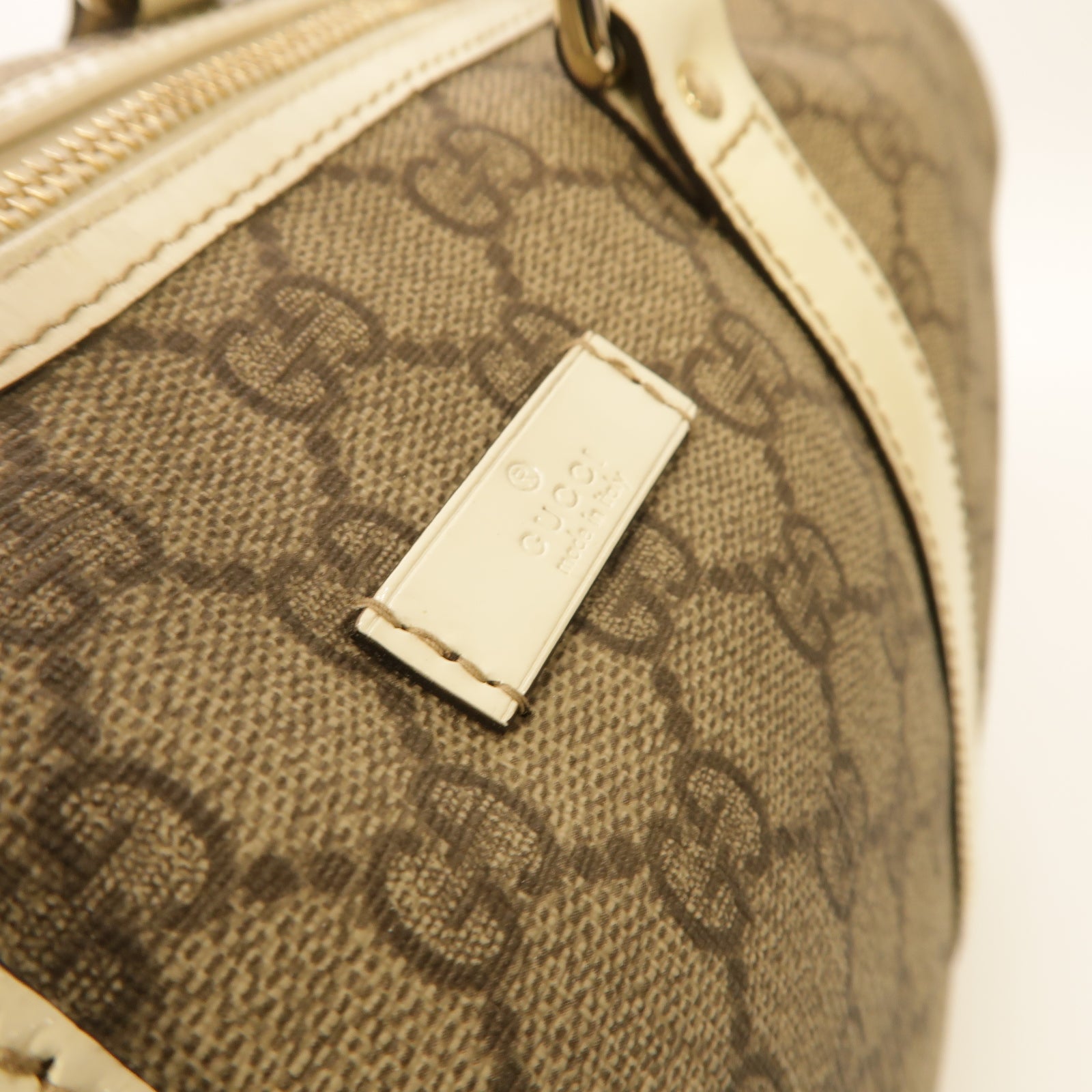 GUCCI 塗層帆布Boston Bag銀扣手挽袋白色/啡色