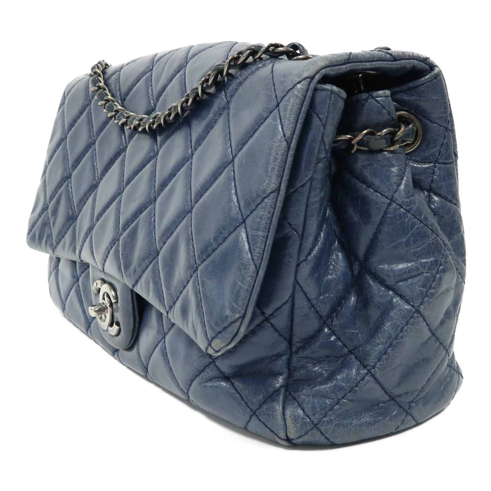 CHANEL 菱格牛皮皮革Chain Shoulder銀扣鏈帶肩背袋藍色