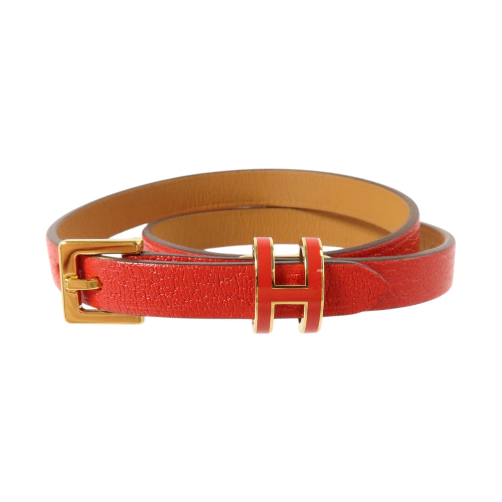 HERMES Chevre皮革Pop H Double Tour Bracelet金扣手鏈Rouge Casaque