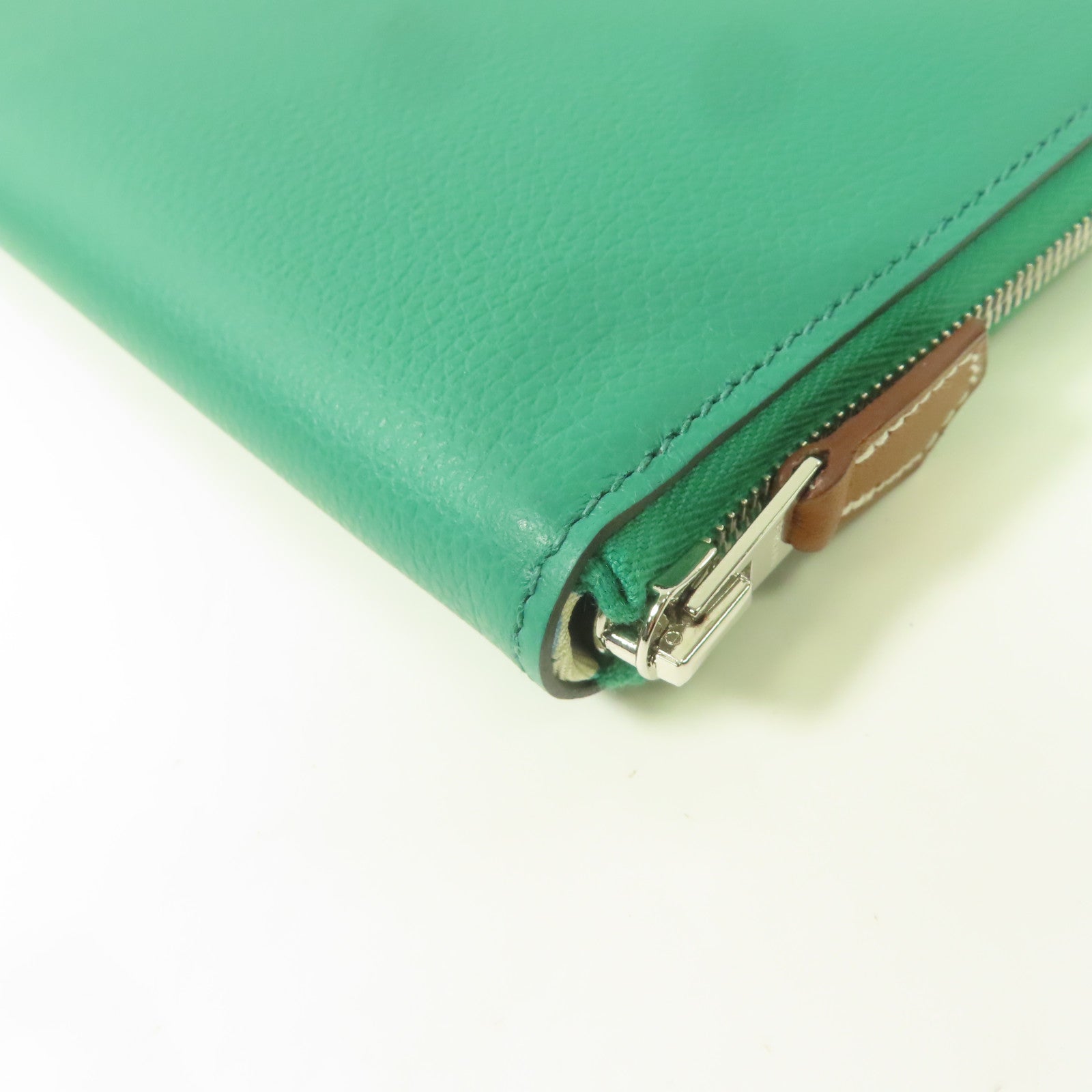 HERMES Evercolor皮革Silk-in Wallet銀扣長錢包絲絨綠色