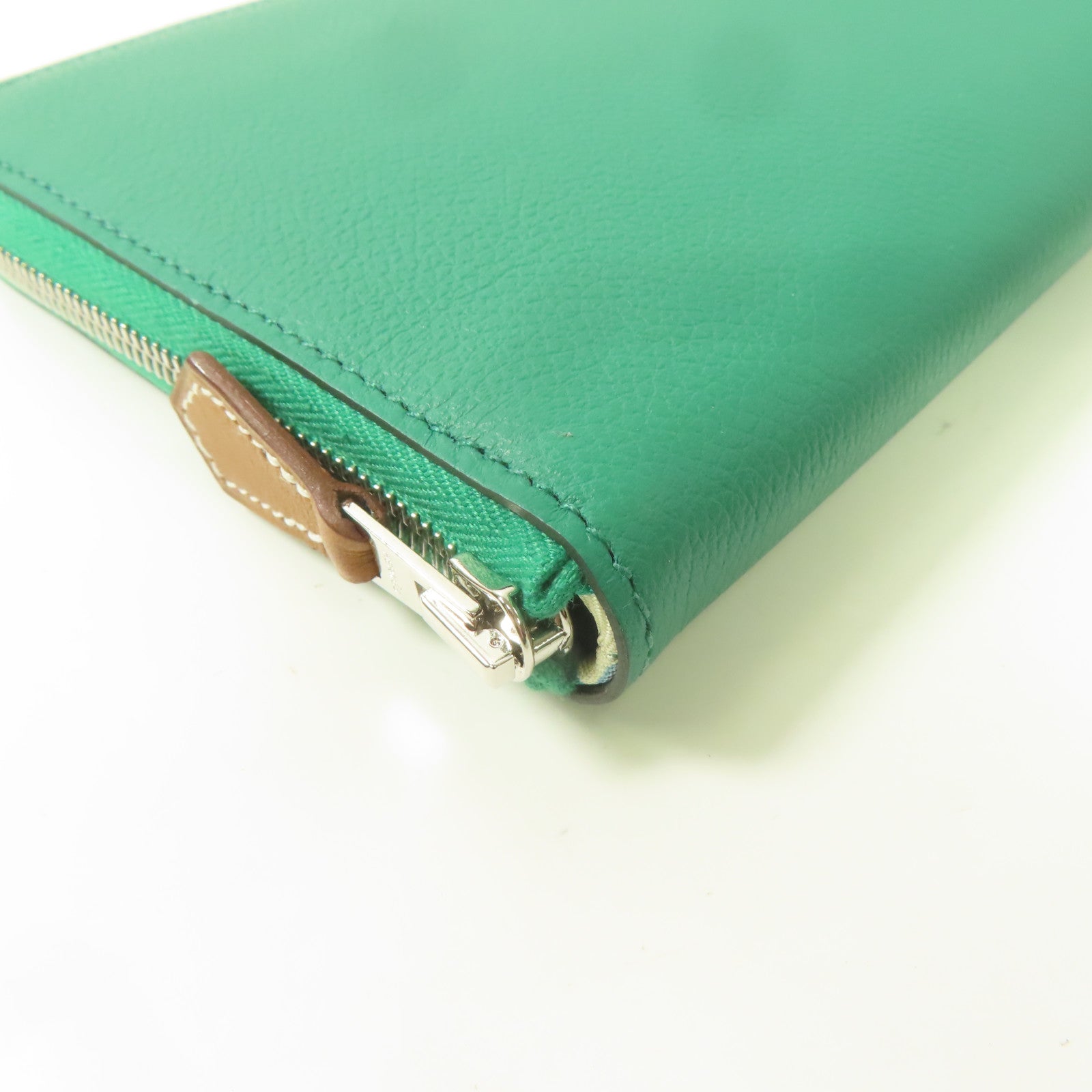 HERMES Evercolor皮革Silk-in Wallet銀扣長錢包絲絨綠色