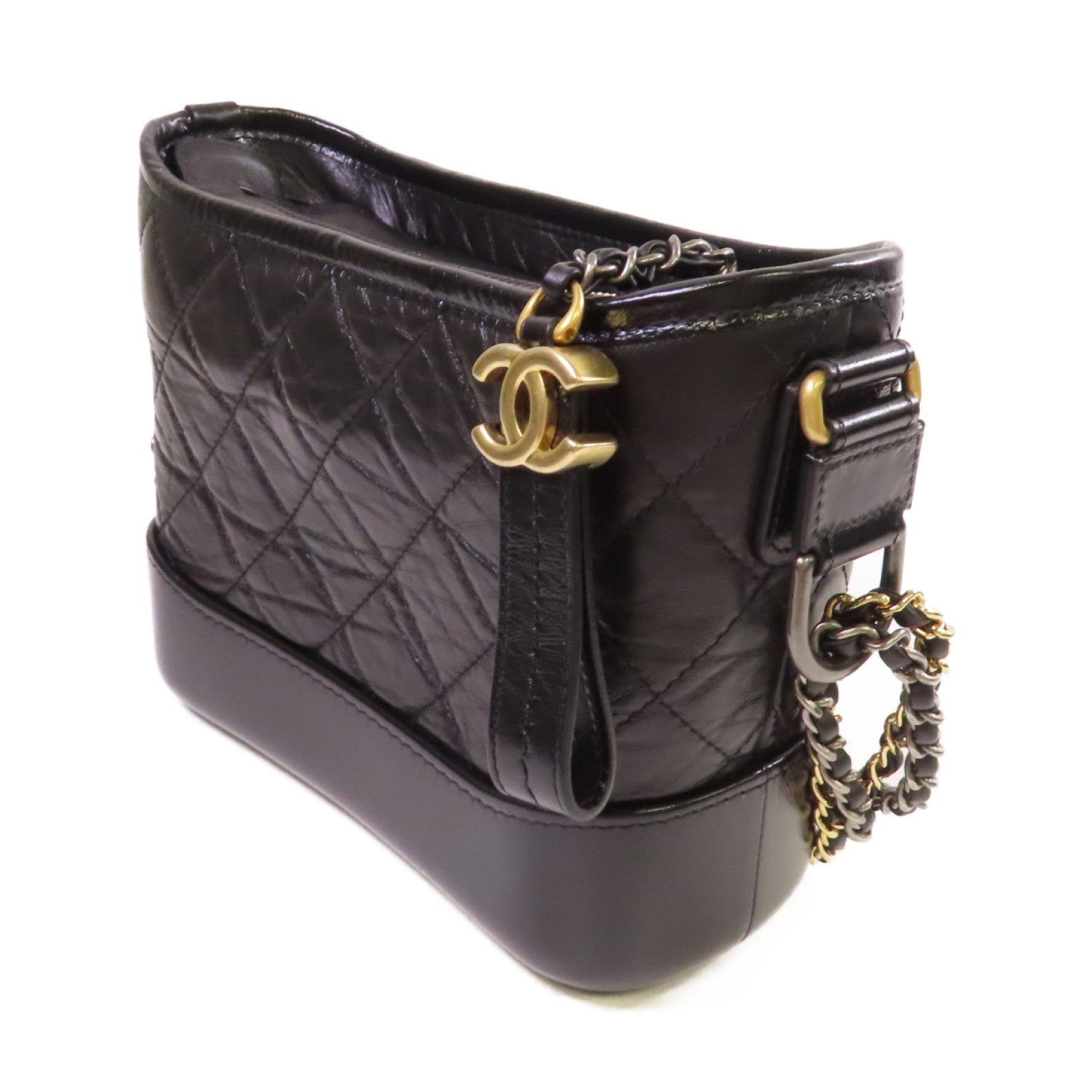 CHANEL 菱格牛皮皮革Gabrielle Small Chain Shoulder Bag金扣鏈帶肩背袋黑色