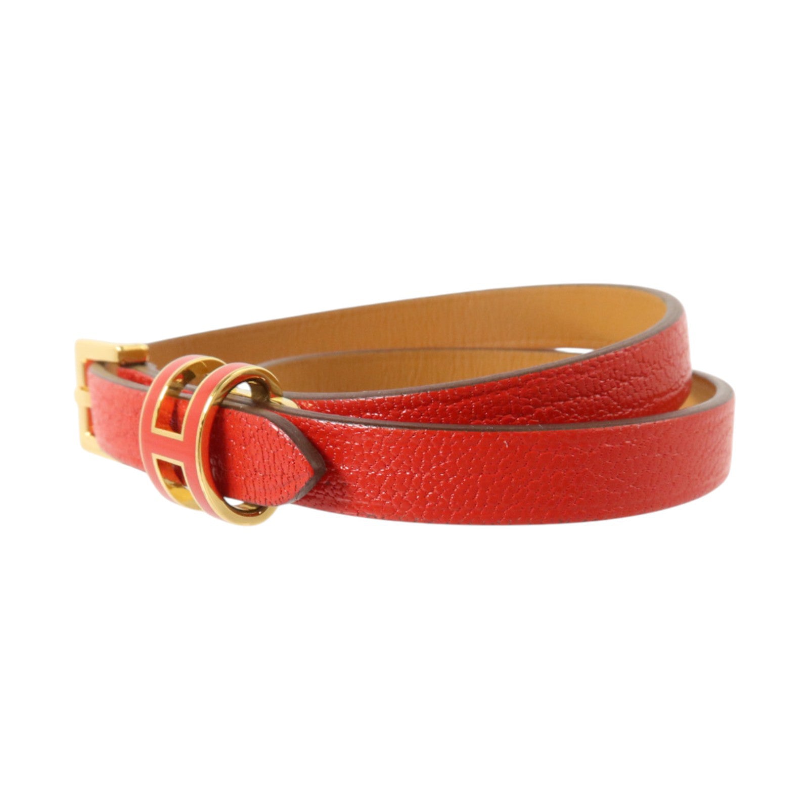 HERMES Chevre皮革Pop H Double Tour Bracelet金扣手鏈Rouge Casaque