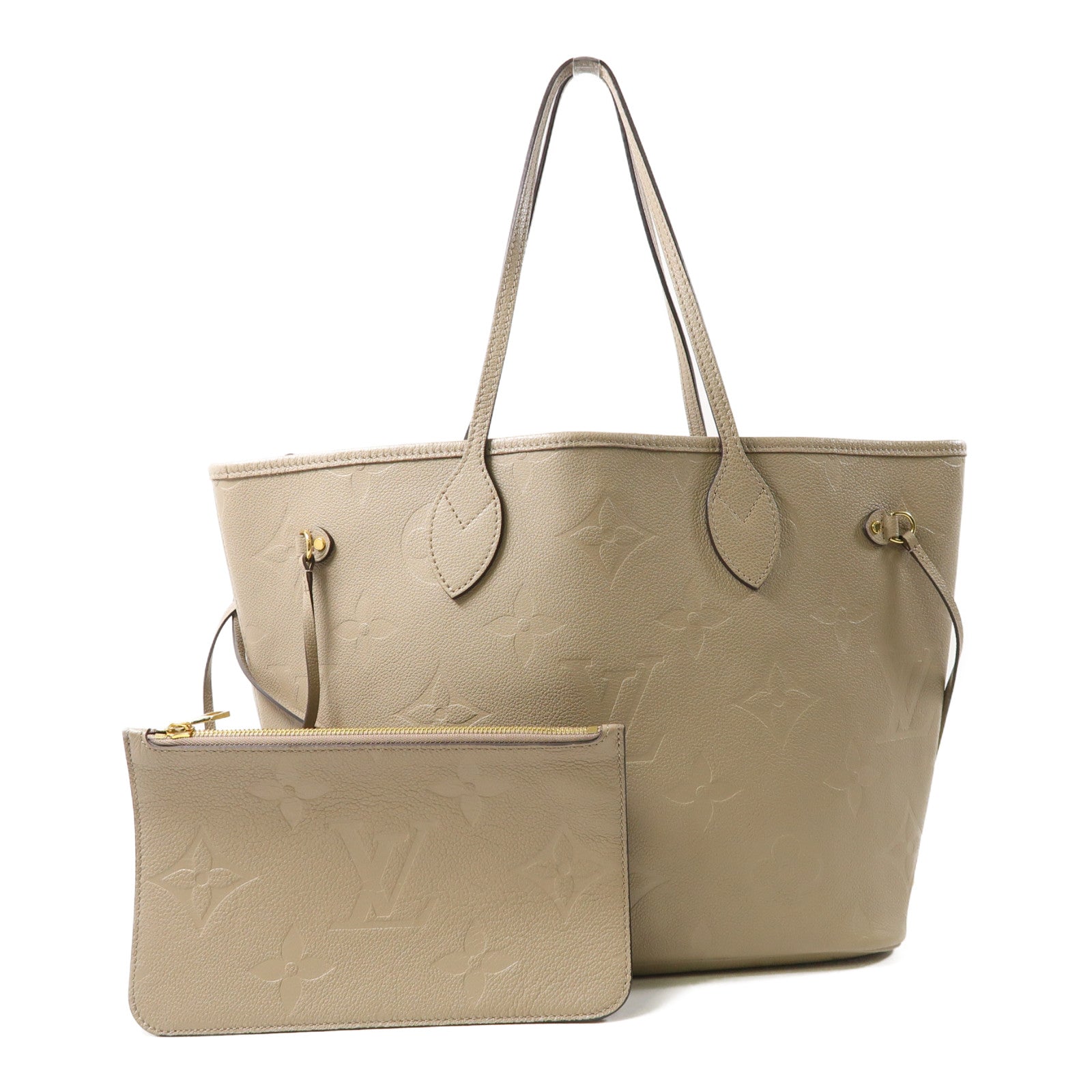 LOUIS VUITTON Monogram Empreinte Neverfull MM金扣肩背袋米色