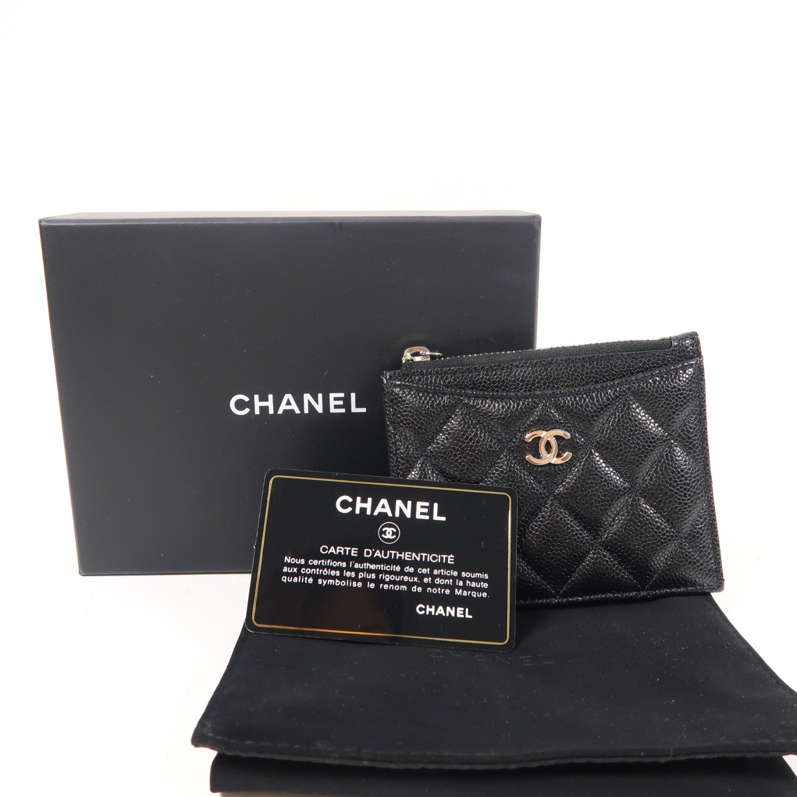 CHANEL 菱格Caviar皮革Card case銀扣卡片套黑色