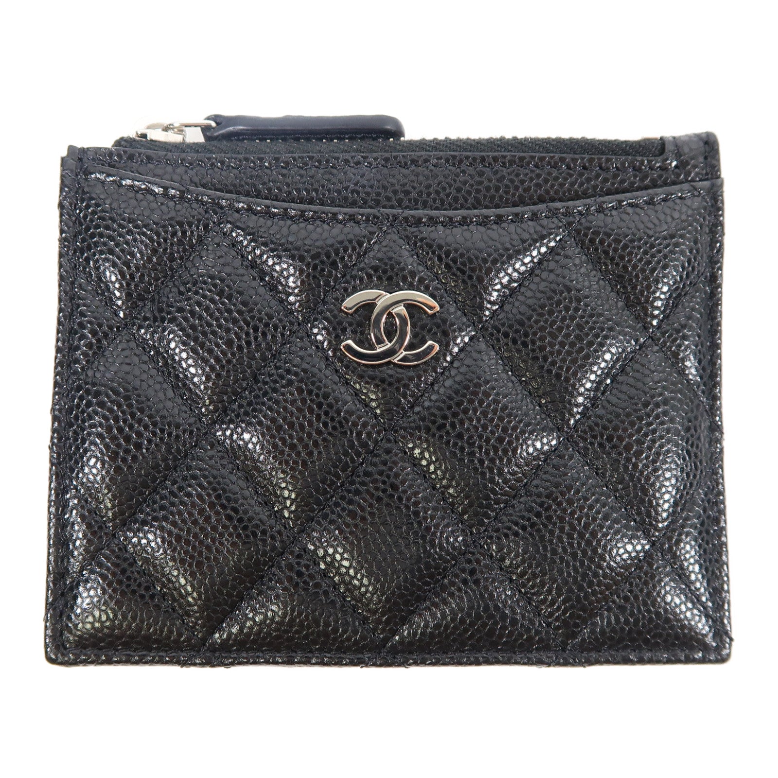 CHANEL 菱格Caviar皮革Card case銀扣卡片套黑色