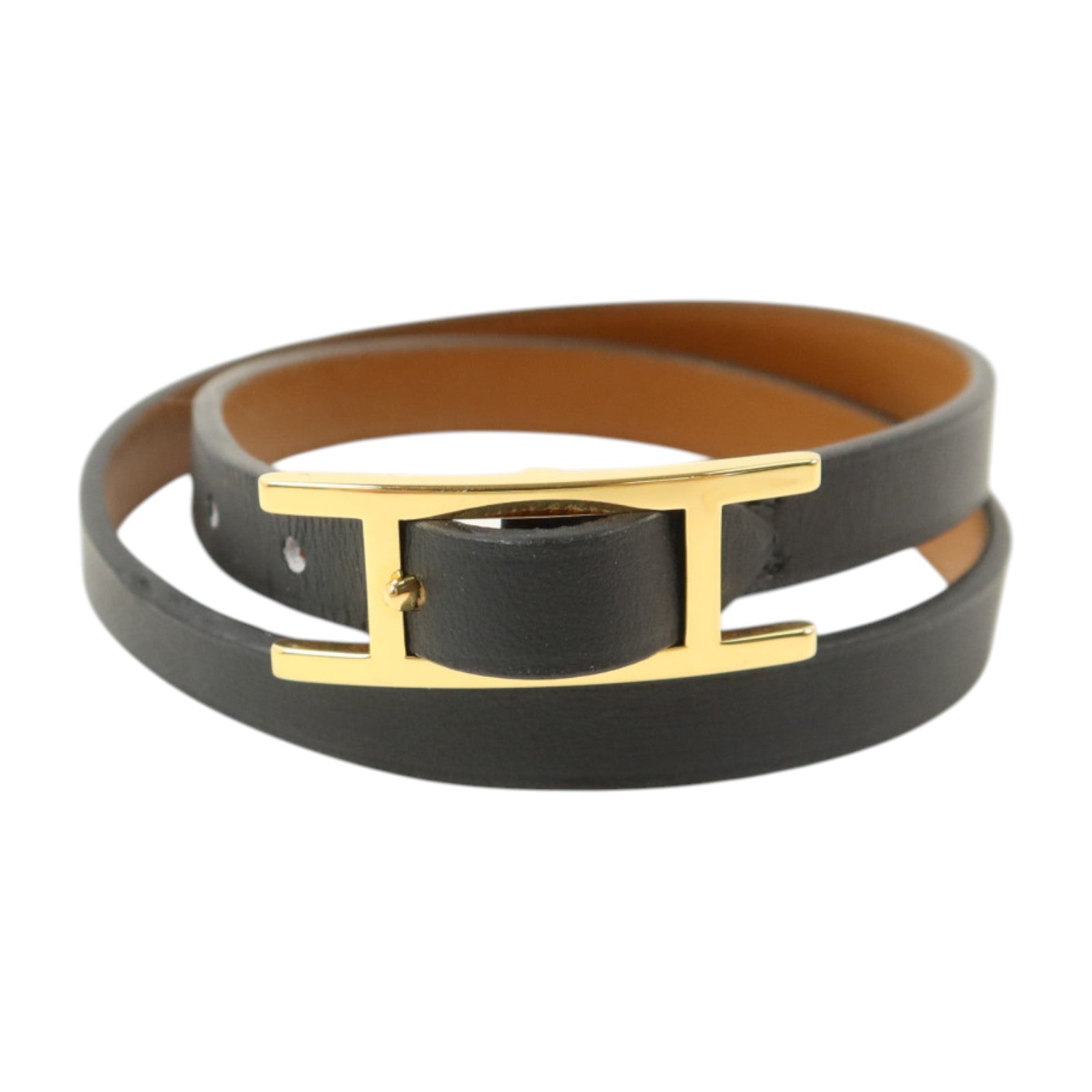 HERMES Swift皮革Behapi Double Tour金扣手鏈Noir/Fauve