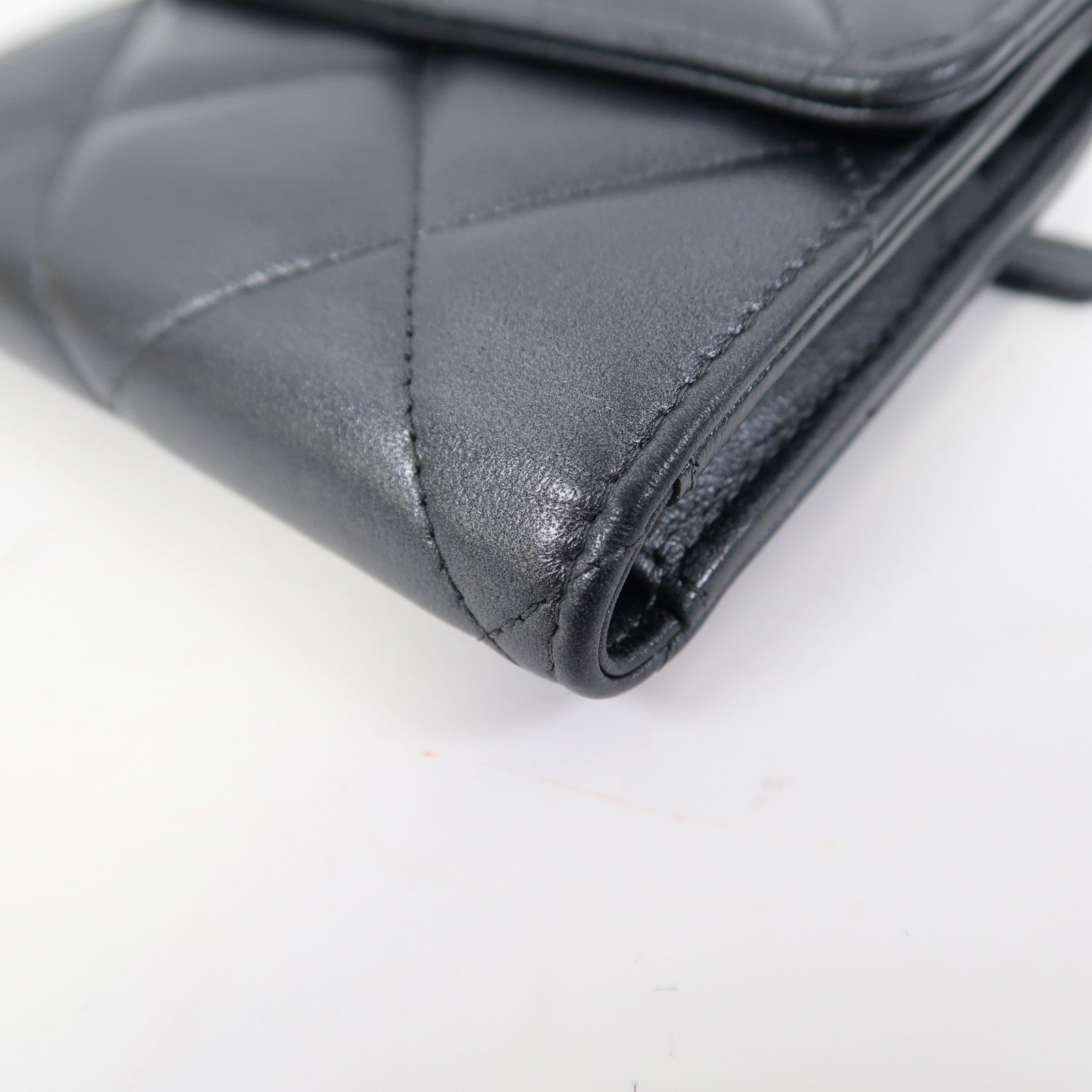 CHANEL 菱格牛皮皮革Short Wallet金扣錢包灰色