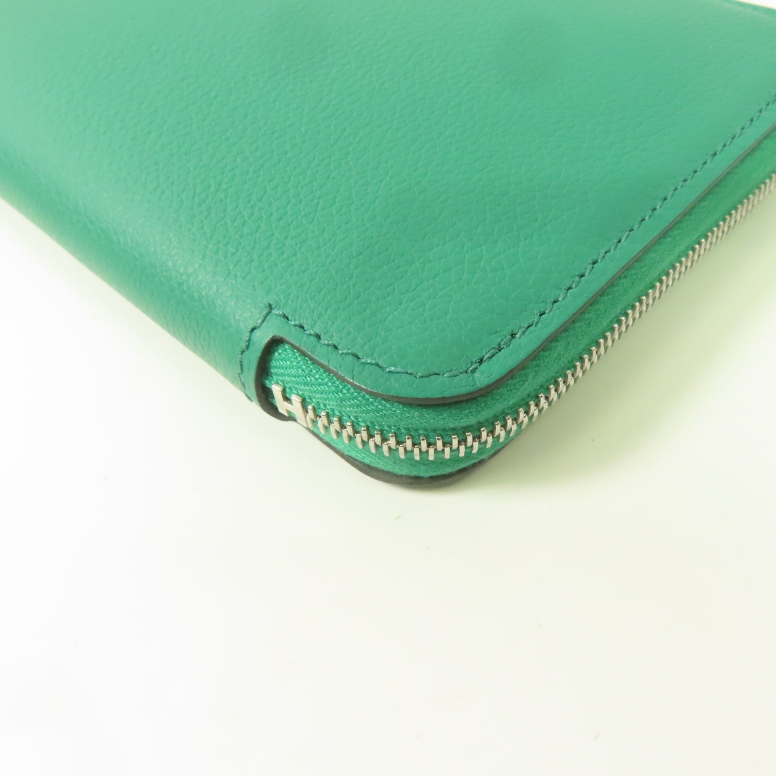 HERMES Evercolor皮革Silk-in Wallet銀扣長錢包絲絨綠色