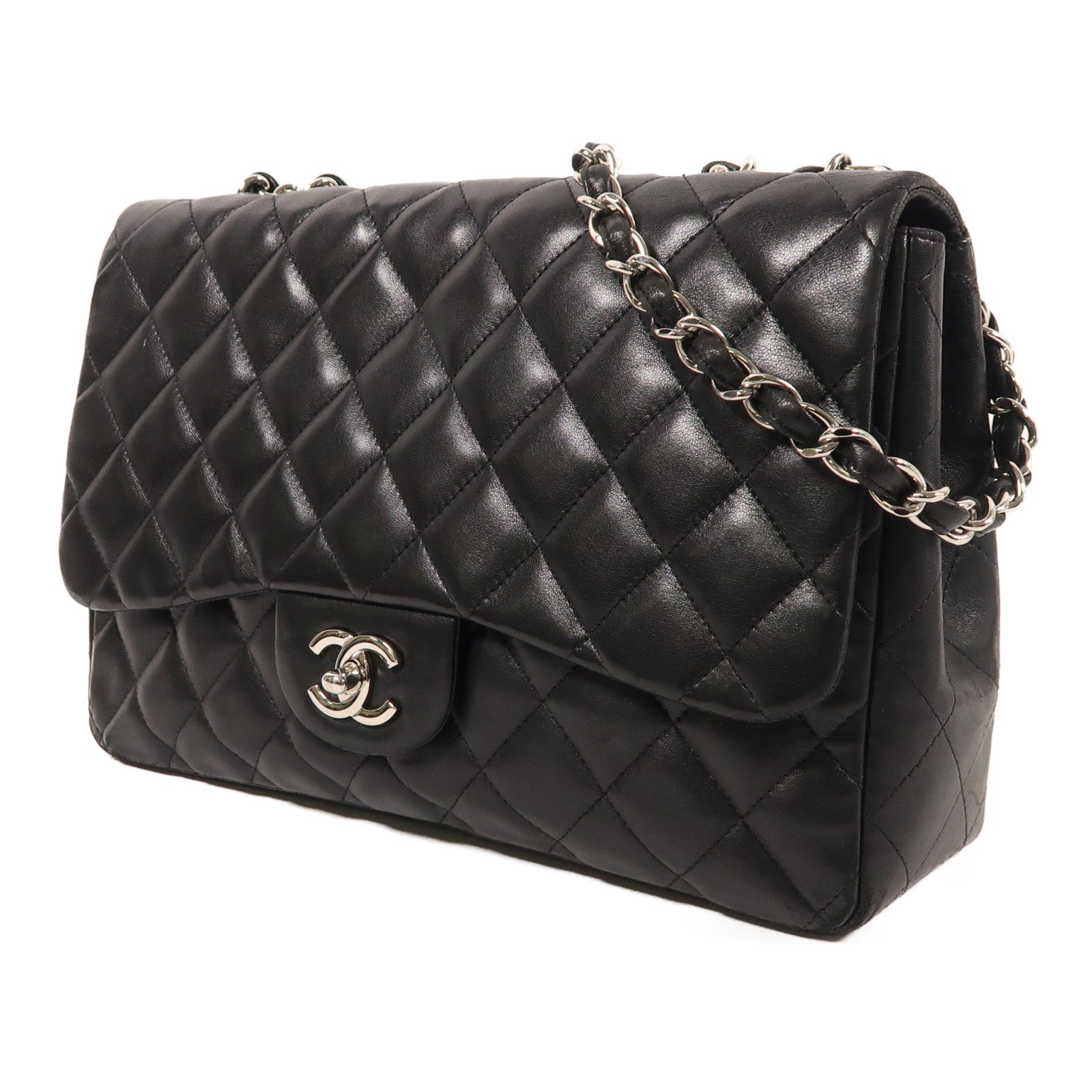 CHANEL 羊皮皮革Large Classic銀扣鏈帶肩背袋