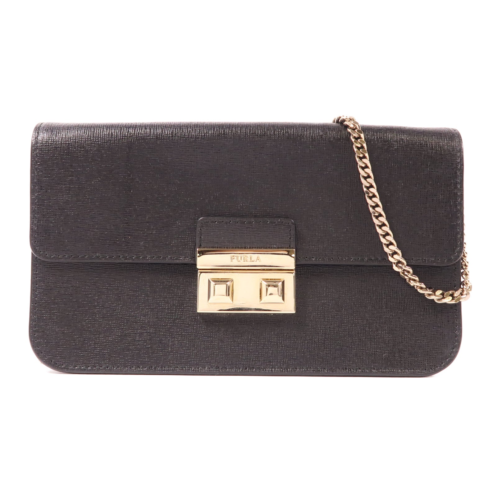 Furla 塗層帆布Chain Shoulder金扣鏈帶肩背袋