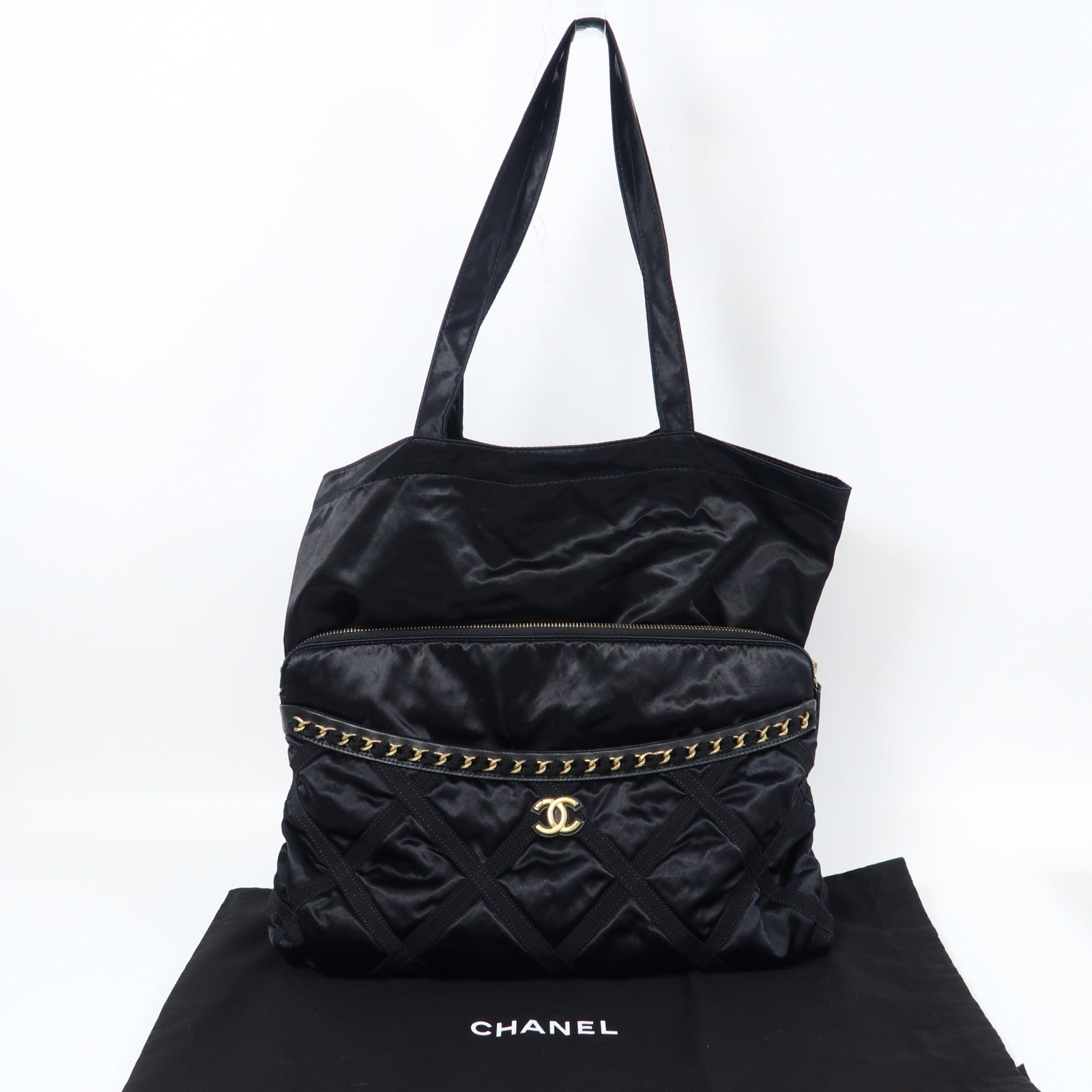CHANEL 皮革/絲質Pouch Tote Bag手挽袋黑色
