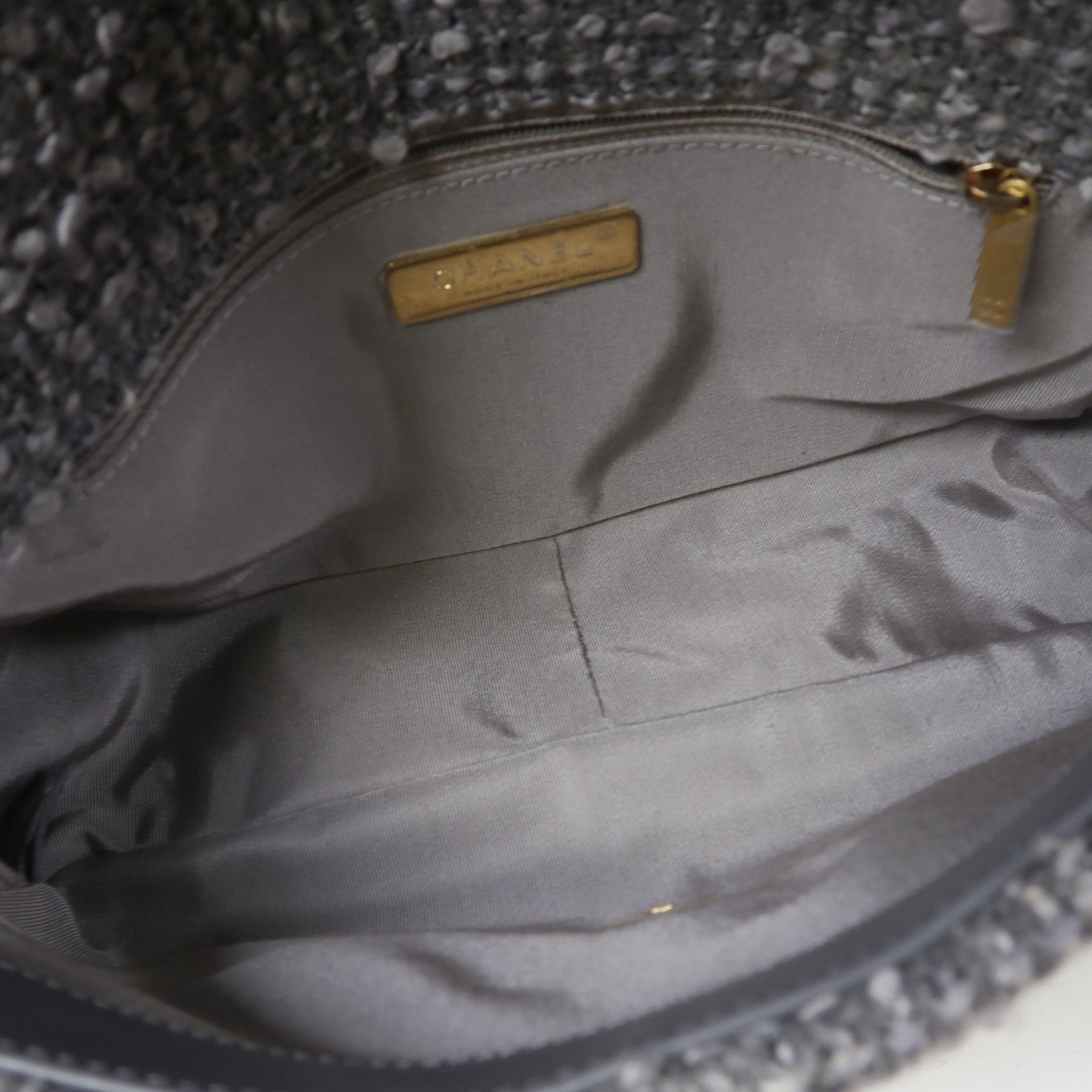 CHANEL Tweed Chanel 19金扣鏈帶手挽肩背兩用袋灰色