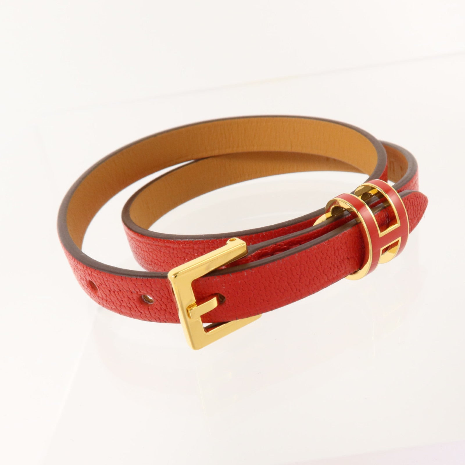 HERMES Chevre皮革Pop H Double Tour Bracelet金扣手鏈Rouge Casaque