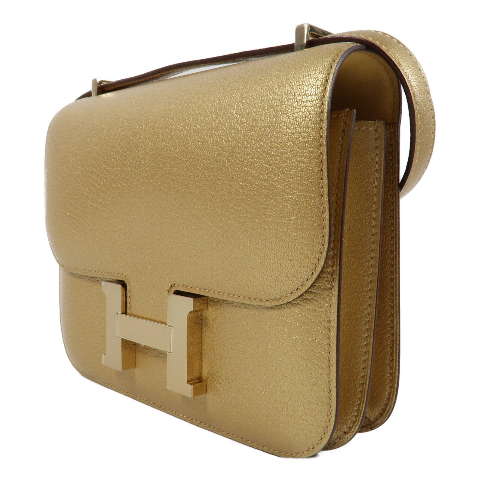 HERMES Chevre皮革Constance Mini金扣肩背袋Dore
