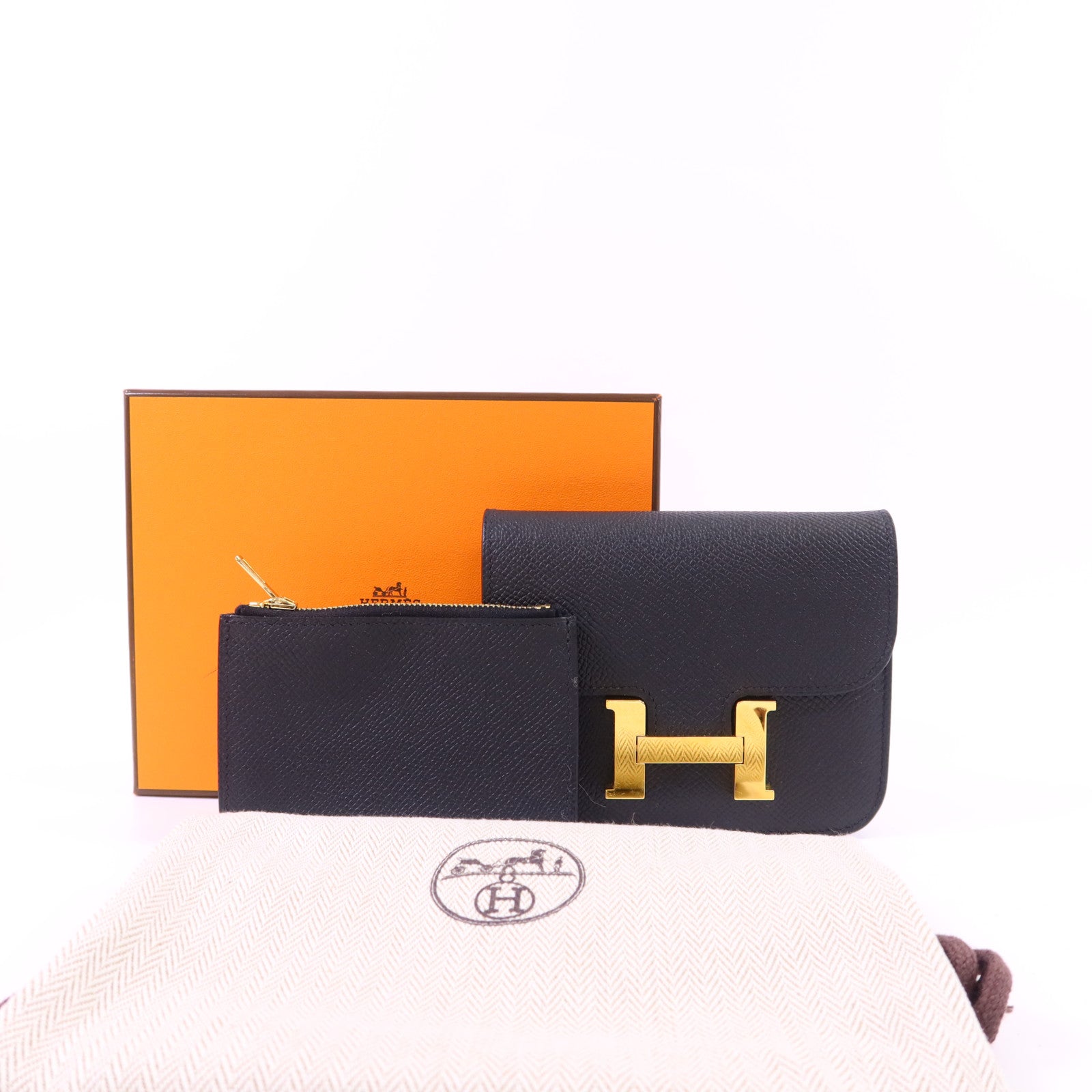 HERMES Epsom皮革Constance Slim金扣錢包Noir