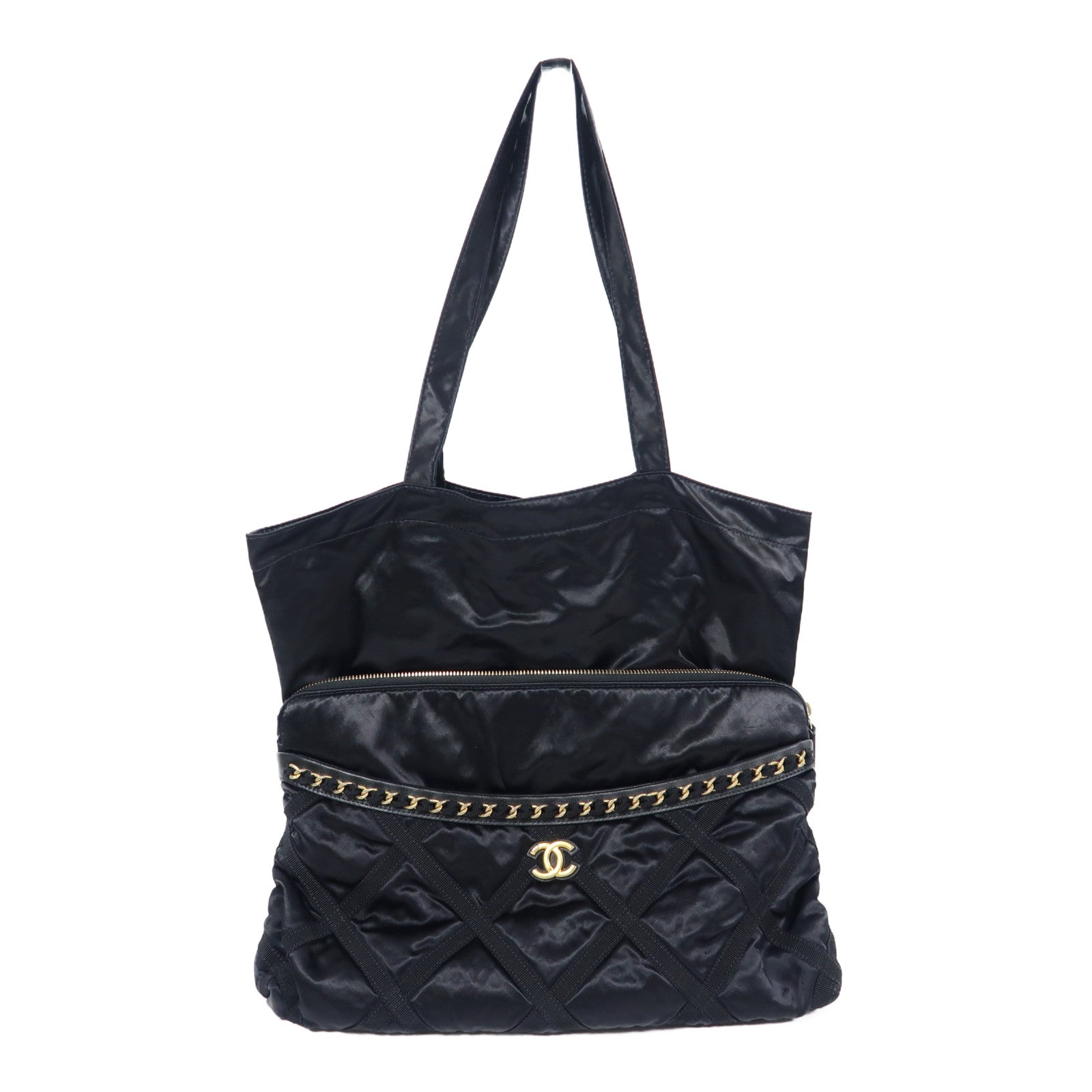 CHANEL 皮革/絲質Pouch Tote Bag手挽袋黑色