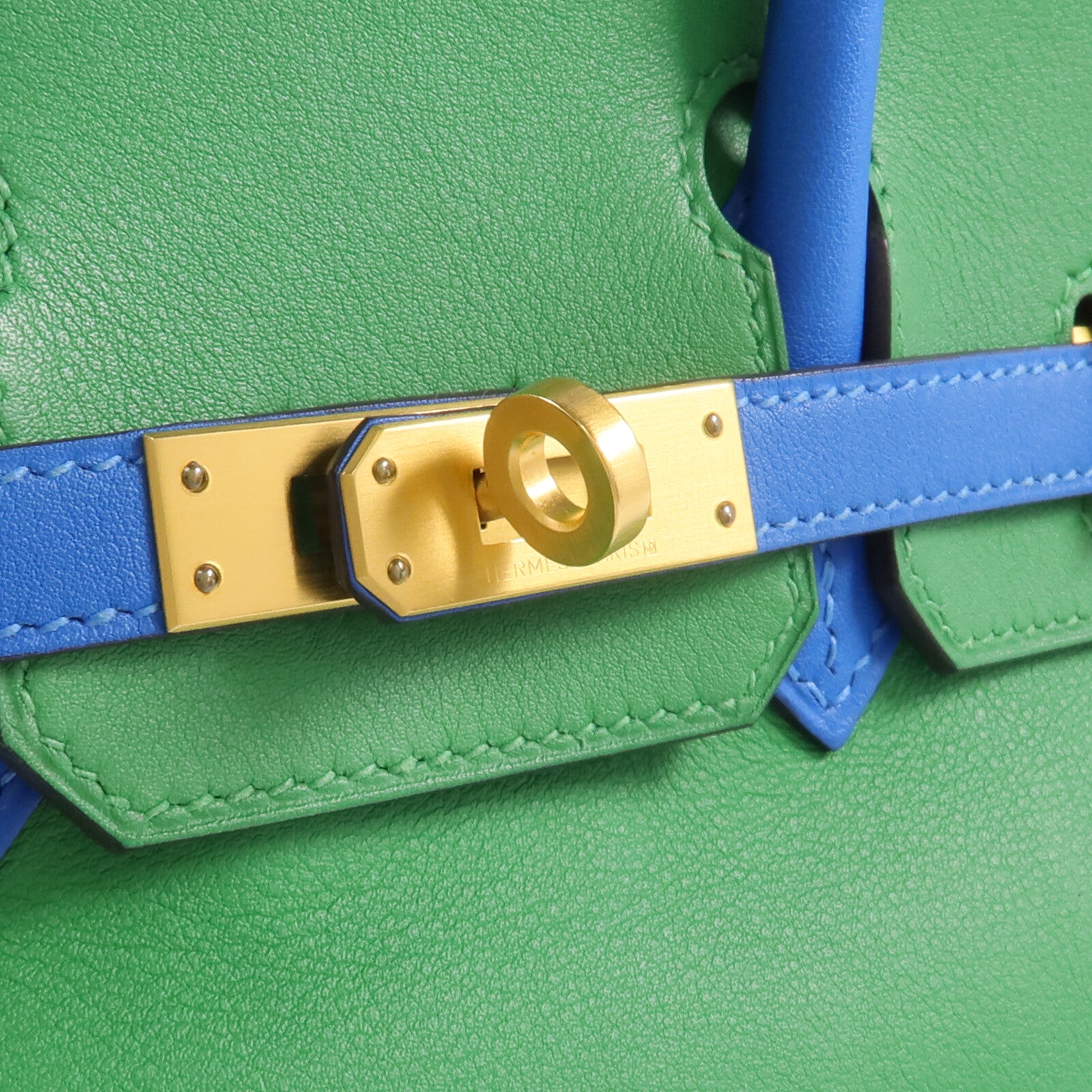 HERMES Swift皮革Birkin 25金扣手挽袋Bambou/Bleu Hydra