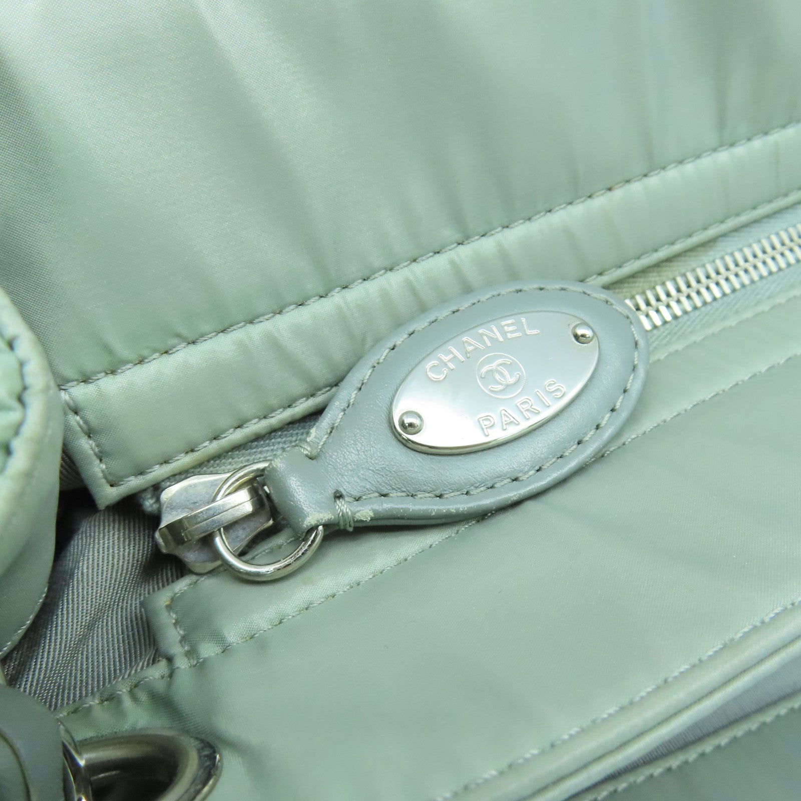 CHANEL 菱格尼龍Chain Shoulder Bag銀扣鏈帶肩背袋綠色