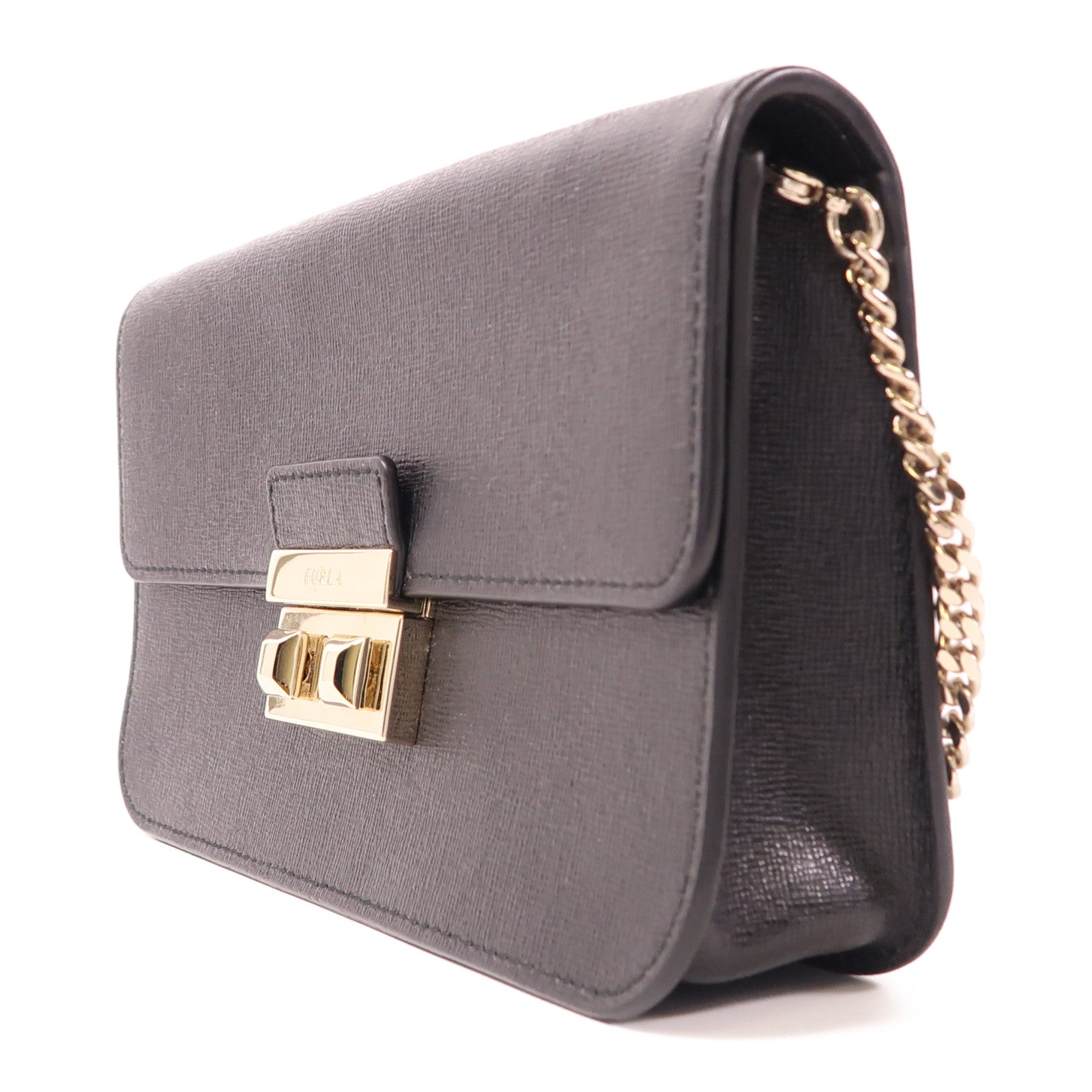 Furla 塗層帆布Chain Shoulder金扣鏈帶肩背袋