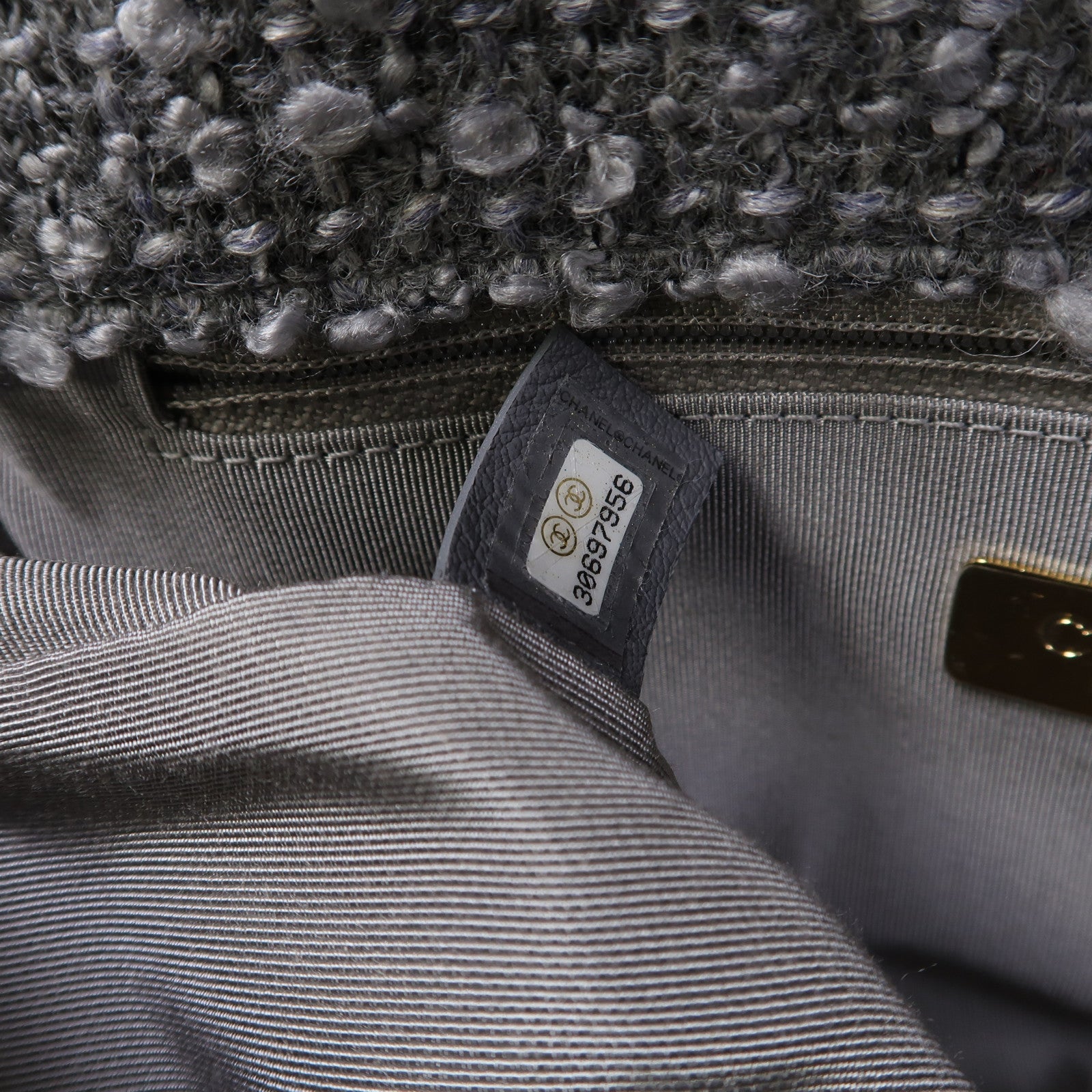 CHANEL Tweed Chanel 19金扣鏈帶手挽肩背兩用袋灰色